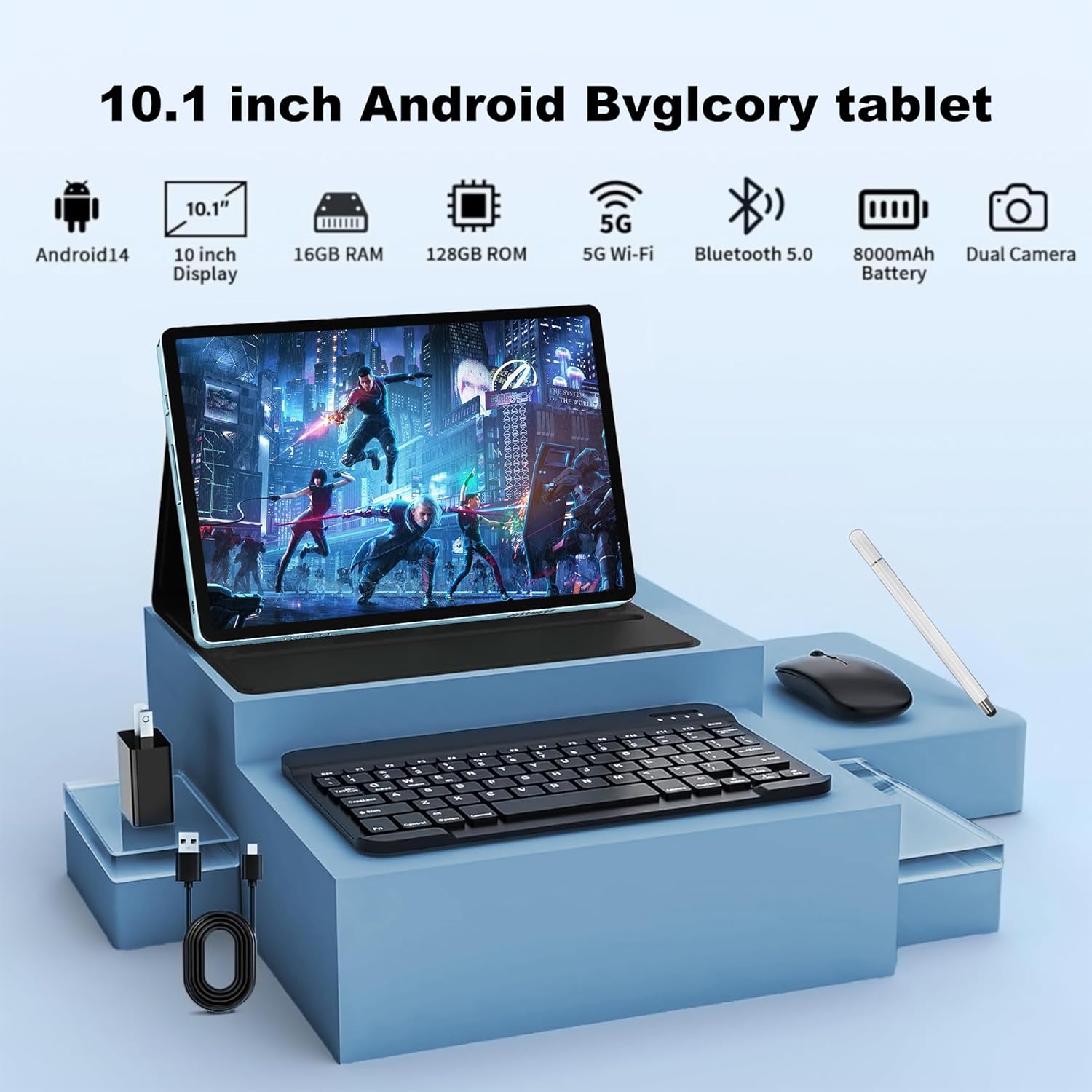 Android 14 Tablet with Keyboard，16GB RAM 128GB ROM 1TB Expand, 8000mAh Battery, 10.1 inch Tablet with 13MP+8MP Camera/Bluetooth/GPS/WiFi/HD Display (Light Blue)