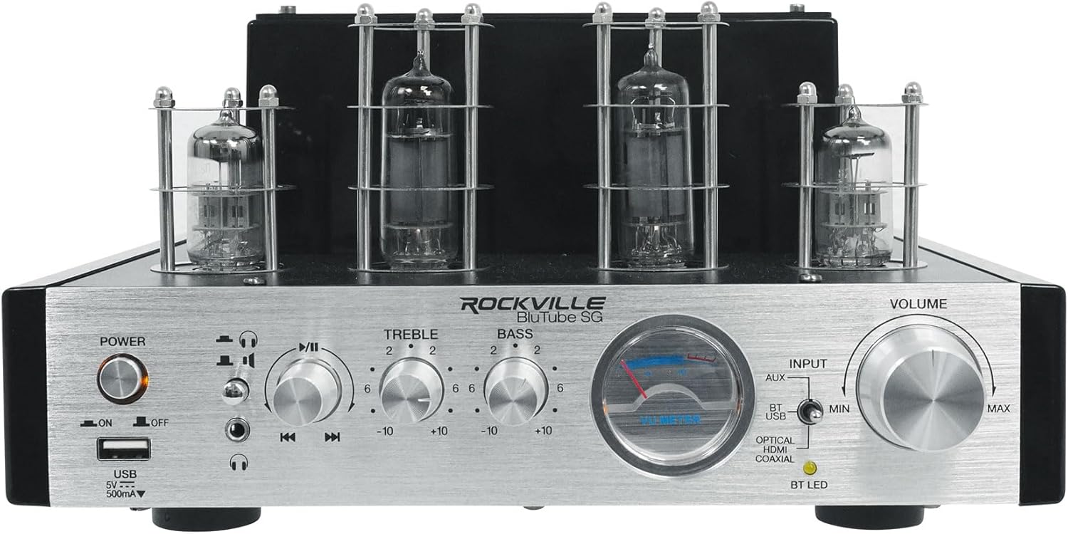 Rockville BluTube SG 70W Home Theater Tube Amplifier Stereo Receiver, Bluetooth, USB/RCA/Optical/Coaxial Inputs, 35W x 2 RMS @ 4 Ohm, for Music and Movies