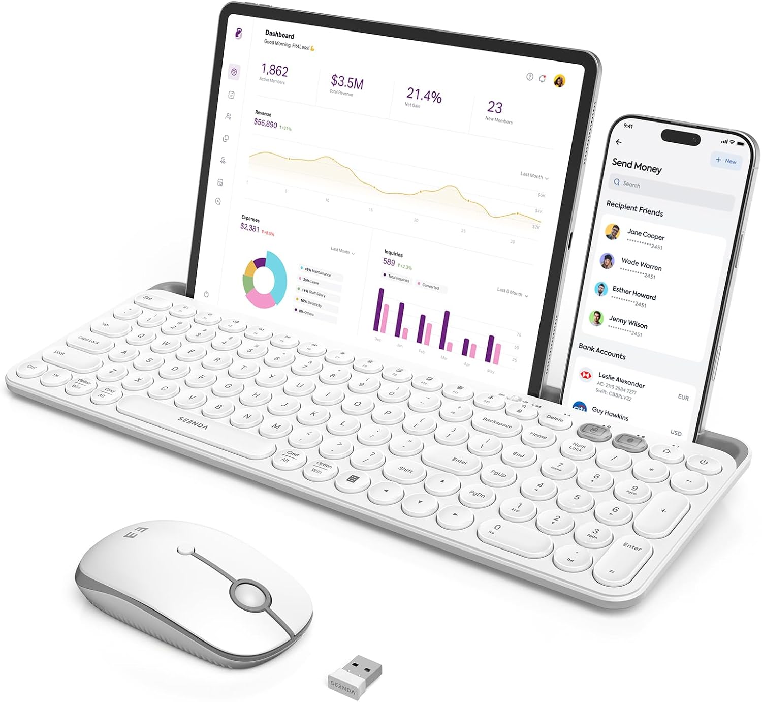 seenda Bluetooth Keyboard and Mouse for iPad, CTU-301 Multi-Device Bluetooth + 2.4G Wireless Keyboard Mouse with Tablet Holder for MacBook/Windows Computer, iOS/Andriod Tablet Phone, White