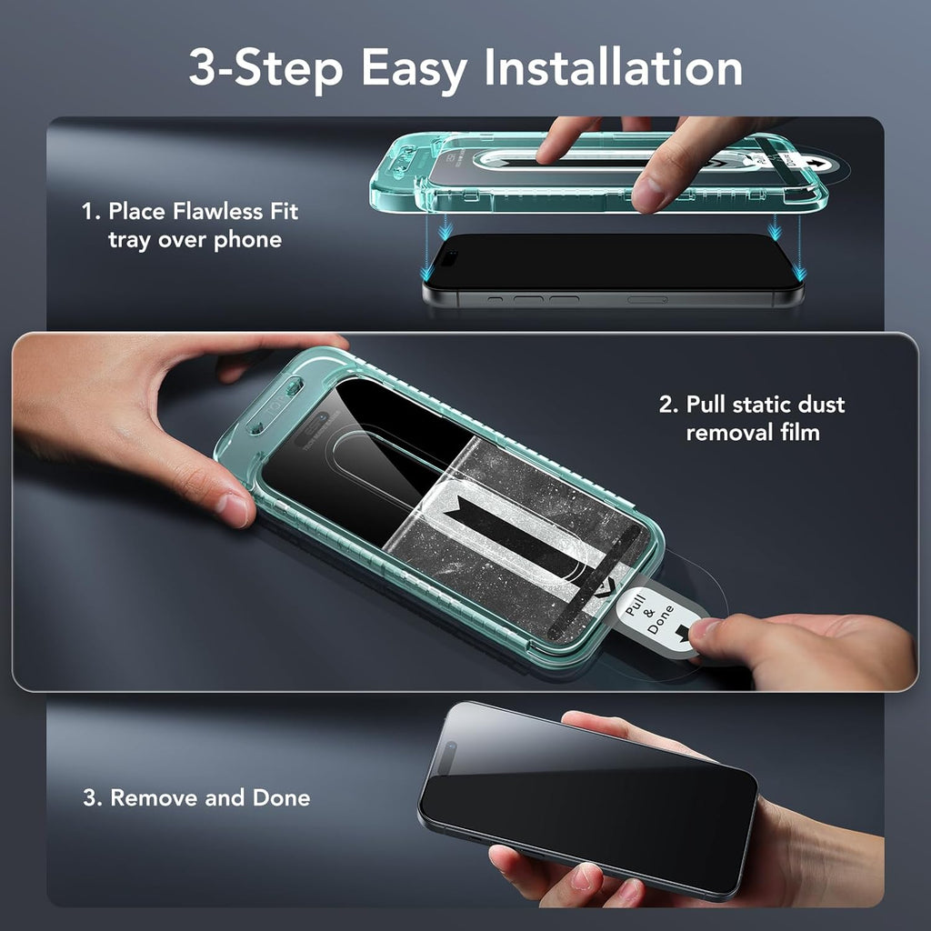 ESR 3 Pack for iPhone 15 Pro Max Screen Protector, [9H Hardness] [Military Grade Shatterproof] Full Coverage Tempered Glass Film with Flawless Fit Tray, HD Clear, Scratch Resistant