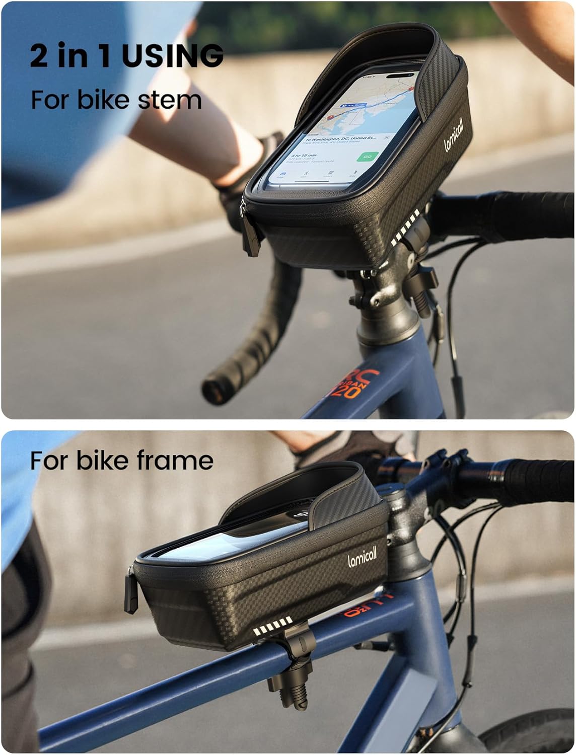 Lamicall 2 Pack Bike Frame Bag Waterproof - [1s Release] [2 in 1] Bike Phone Bag, Bike Phone Holder Mount, Bicycle Top Tube Bag, Cycling Pouch with Rain Cover, Bike Accessories for Phones Under 7"