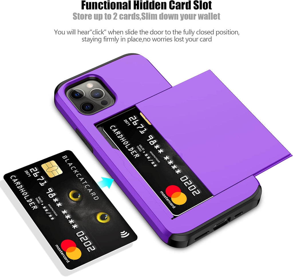 Nvollnoe for iPhone 12/iPhone 12 Pro Case with Card Holder Heavy Duty Protective Dual Layer Shockproof Hidden Card Slot Slim Wallet Case for iPhone 12/12 Pro for Men&Women(Purple)
