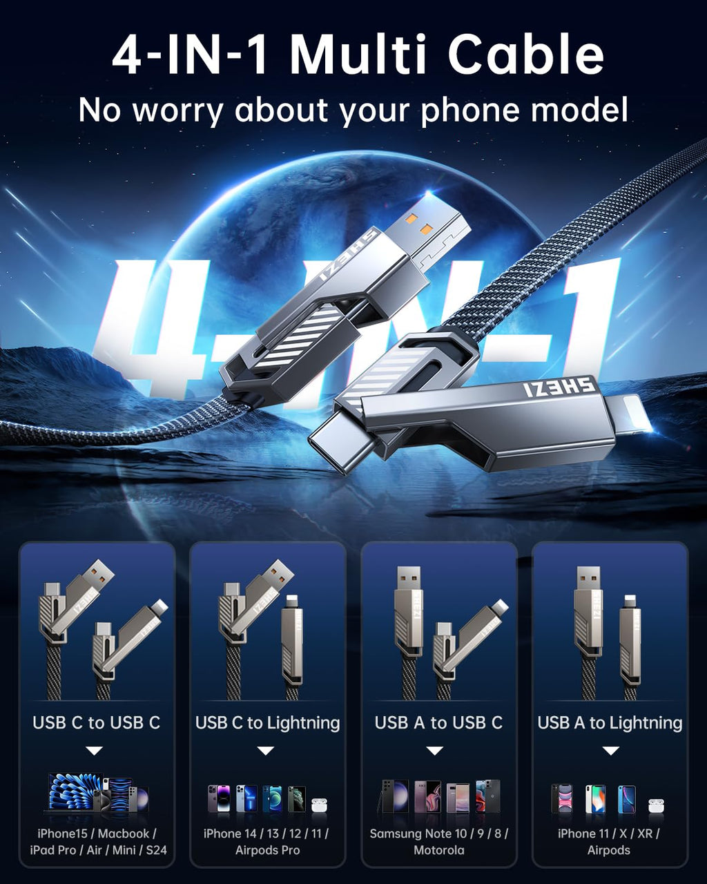 4-in-1 USB C Cable 45W 5FT Compatible with Lightning Cable [Fast Charging & Data Transfer] Flat Nylon Braided for iPhone iPad Charger Cord, Multi Charge Wire Combo with L/Type C/USB A Port