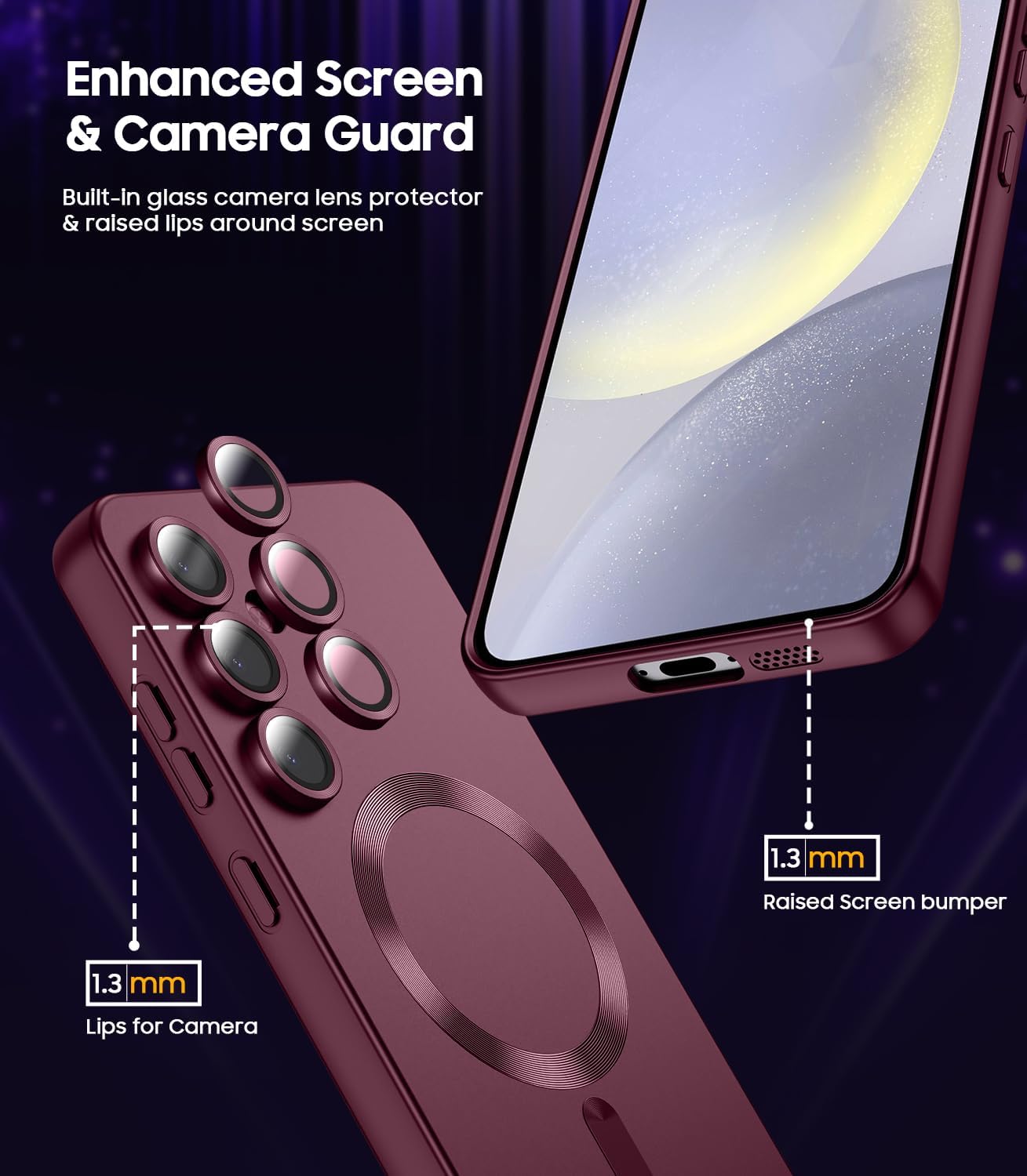 Magnetic for Samsung Galaxy S24 Plus Case [Compatible with MagSafe][Built-in Camera Lens Protector] Slim Soft Silicone Bumper Shockproof Metallic Luster Phone Case (Burgundy)