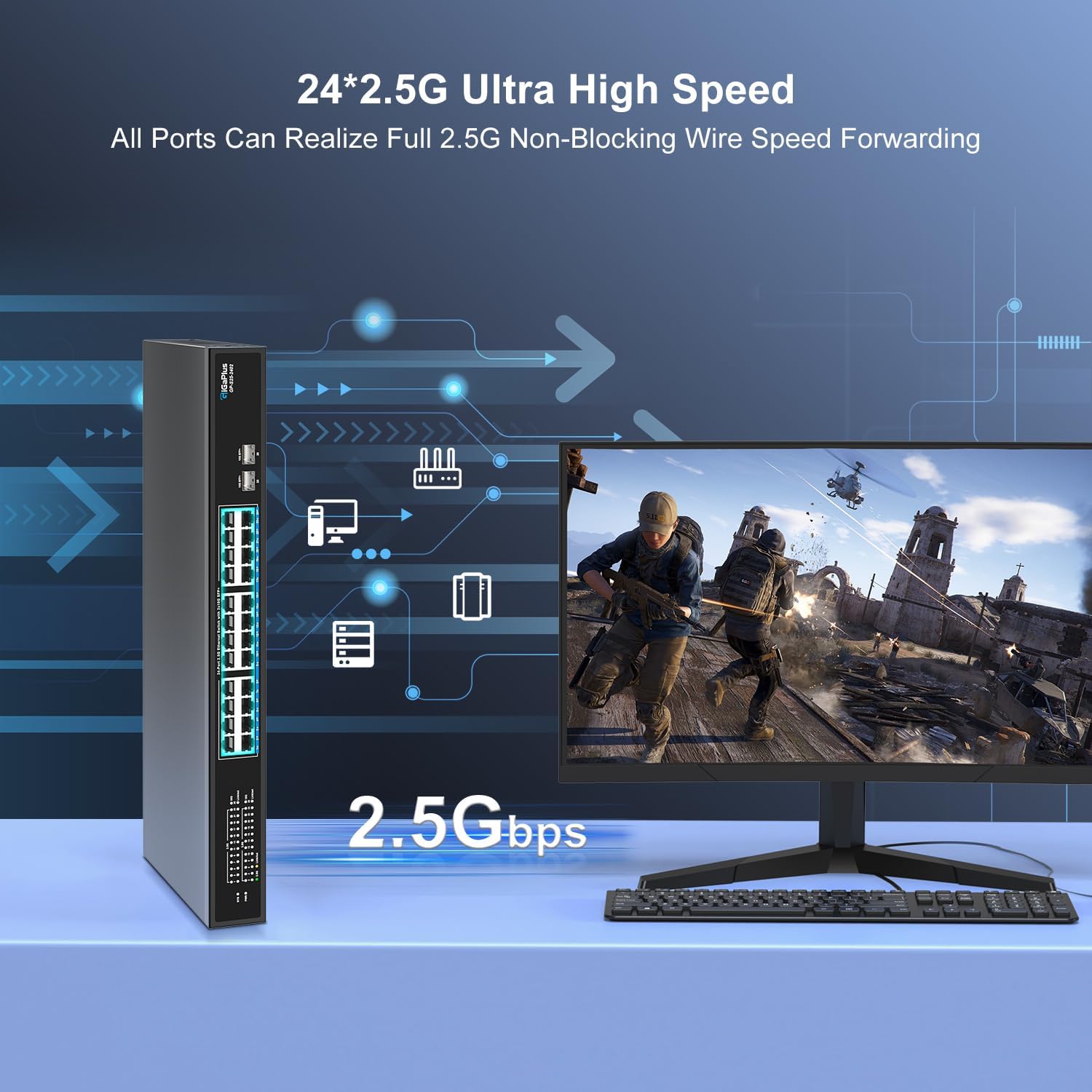 26 Port 2.5Gb Unmanaged Ethernet Switch with 24* 2.5G Base-T Ports, 2* 10G SFP+ Ports. GiGaPlus 2.5Gbps Network Switch for 2.5Gbps NAS/PC, WiFi6 Router, Wireless AP. Fanless Design, Plug and Play