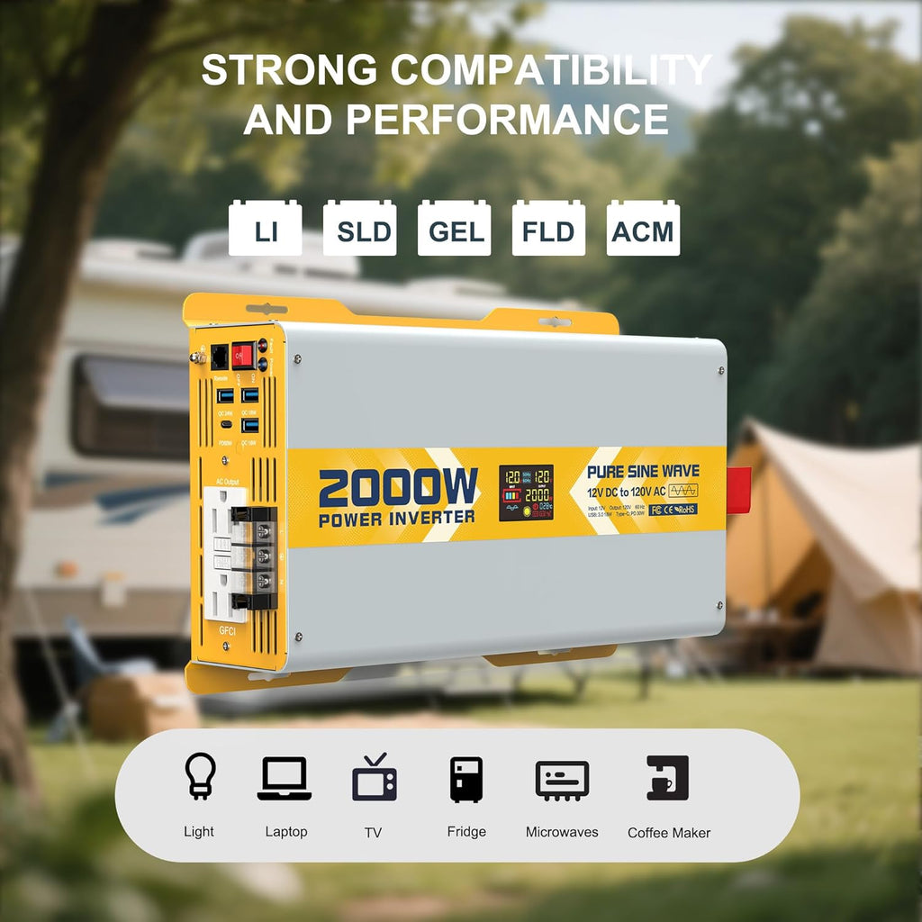 XWJNE 2000W Pure Sine Wave Power Inverter 12V DC to 120V GFCI AC Converter with LCD Display and Remote for Home, RV, Truck, Off-Grid Solar Power