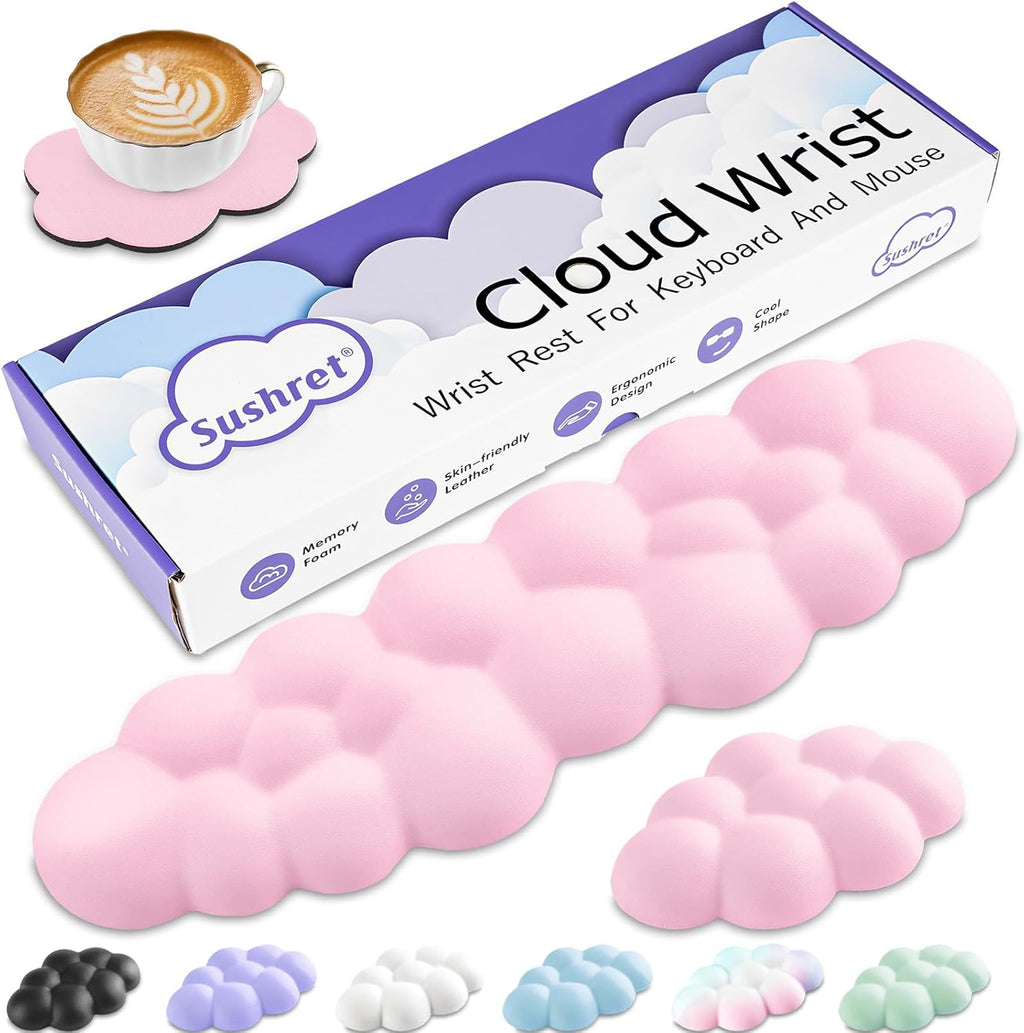 Cloud Wrist Rest Keyboard, Cloud Keyboard Wrist Pad Set with PU Leather Memory Foam, Cute Arm Rest for Palm Support, PC/Gaming Desk Accessories/Office Setup/Computer Hand Cushion - Pink