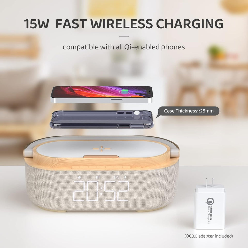 Bluetooth Speaker Alarm Clock with Wireless Charger, FM Radio, Adjustable LED Night Light, 6 in 1 Bedroom Portable Speaker 2500mAh, Phone Stand for Bedside, Home, Office, Gift