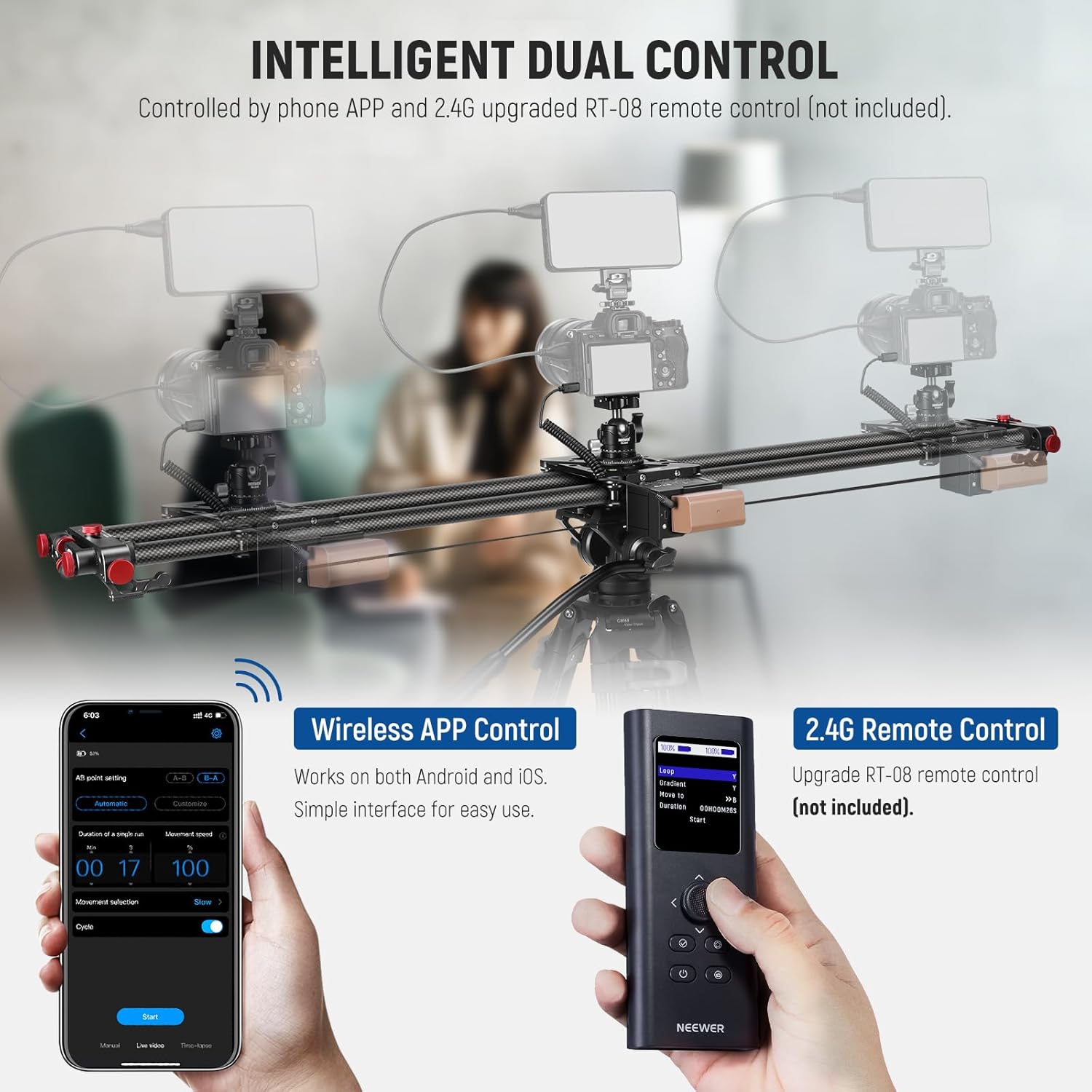 NEEWER 47.2"/120cm Motorized Camera Slider, App Wireless Control DSLR Carbon Fiber Dolly Rail Slider with 4400mAh F750 Battery (Charger Not Included), Support Video Mode, Time Lapse Photography, ER1