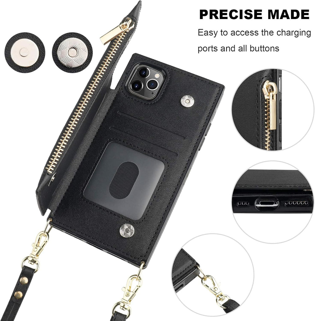 Bocasal Crossbody Wallet Case for iPhone 11 Pro with Card Holder,Zipper Card Slot Protector Shockproof Purse Cover with Removable Cross Body Strap 5.8 Inch(Black)