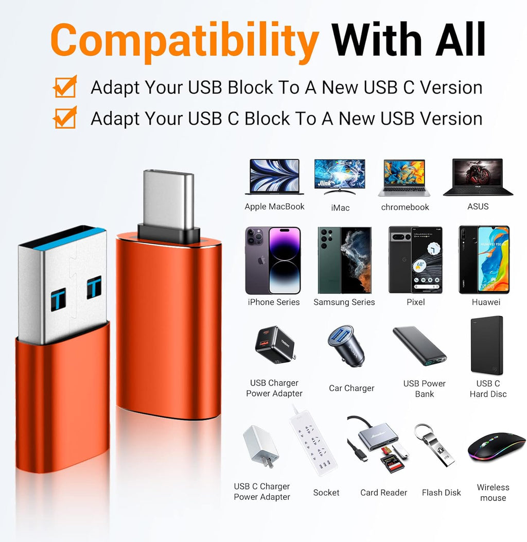 Temdan USB to USB C Adapter 4 Pack,【2*Type C Female to A Male Charger Converter】&【2*USB C Male to USB Female】 OTG Adapter for Apple Watch Ultra 8 9,iPhone 15 Pro Max 14 13 12,AirPod,Samsung - Orange