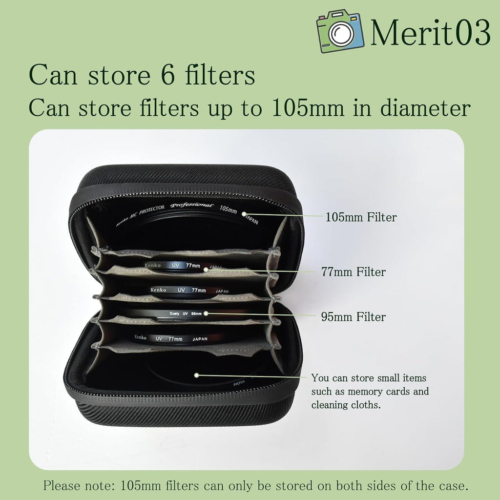 Hard Shell Camera Filter Case Camera Filter Accessories and Storage Suitable for 6 circular filters with a maximum diameter of 95mm Microfiber-Lined Pockets