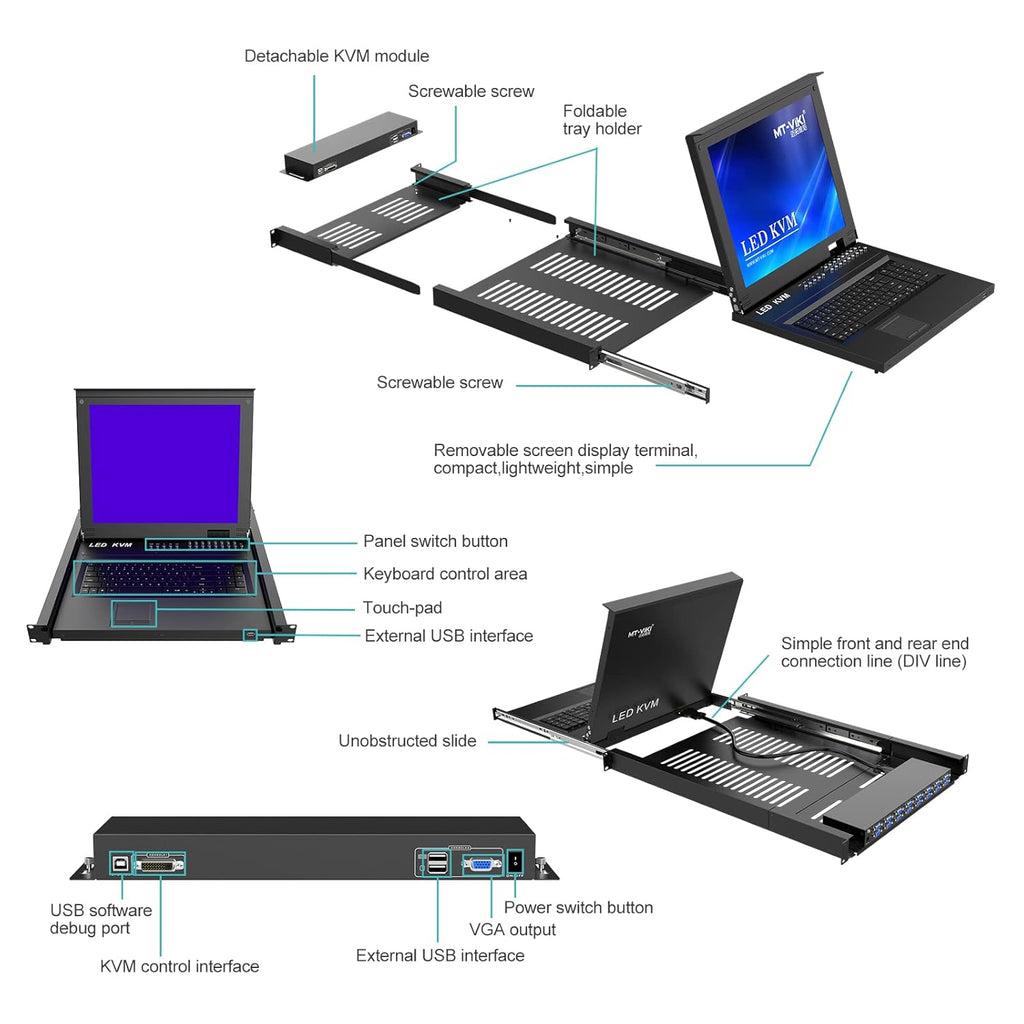 MT-VIKI Rack KVM Switch w/17'' LCD Monitor, 16 Port VGA KVM Switch with Keyboard Touchpad Monitor, Fit for 1U 19'' Rack, OSD/Hotkey/Button 【with 16 VGA KVM Cable】