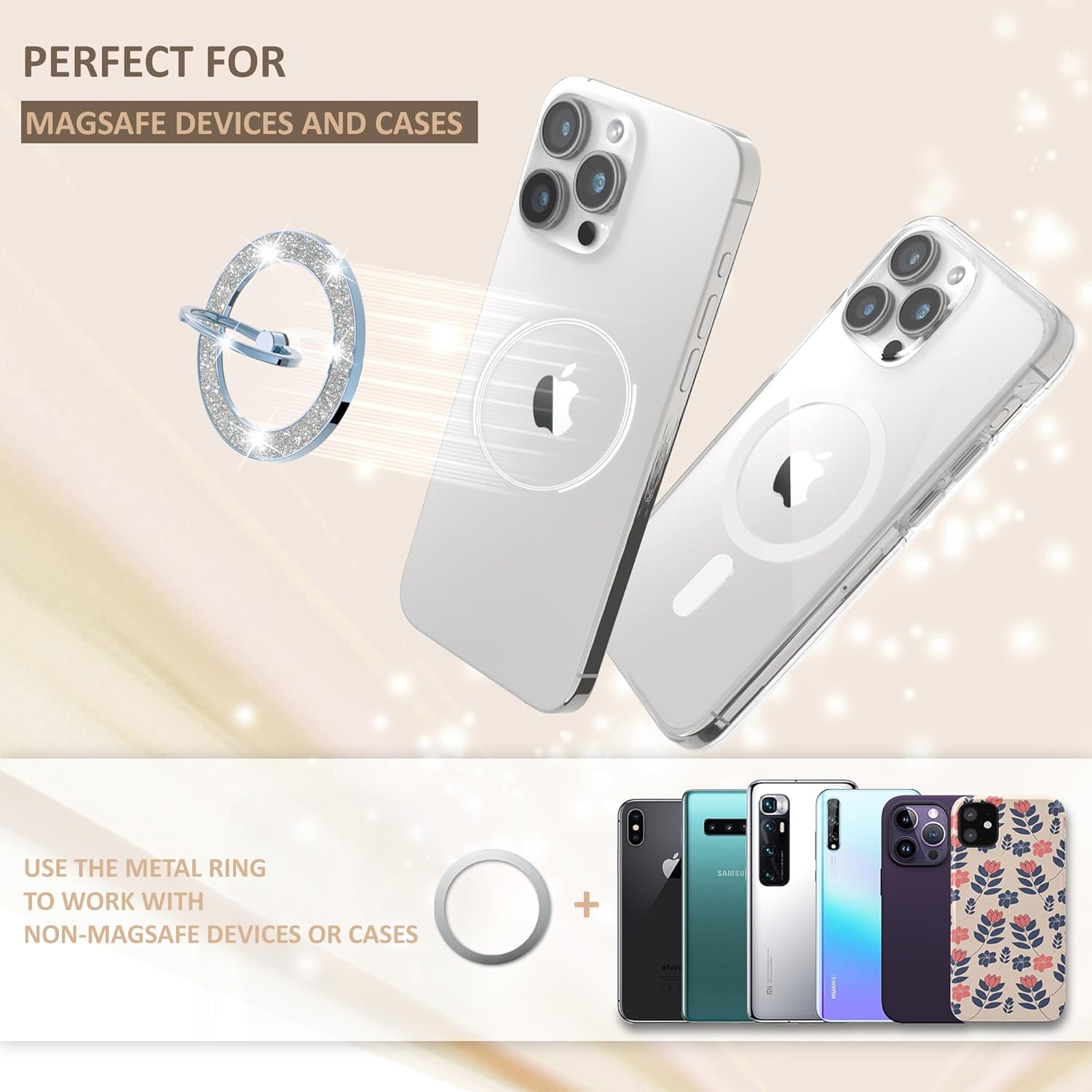 Magnetic Phone Ring Holder for MagSafe, Magnetic Phone Grip for iPhone, Compatible with iPhone MagSafe Wireless Charging. (Glitter Blue)