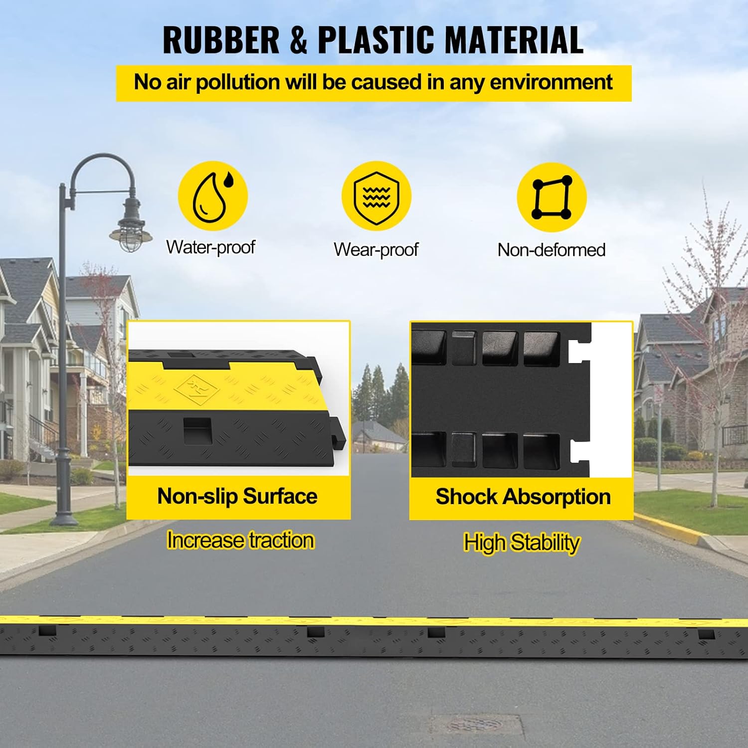 VEVOR Cable Protector Ramp, 4 Packs 2 Channels Rubber Modular Speed Bumps Rated 11000 LBS Load Capacity, Protective Wire Cord Ramp Driveway Rubber Traffic Speed Bumps Hump Cable Protector