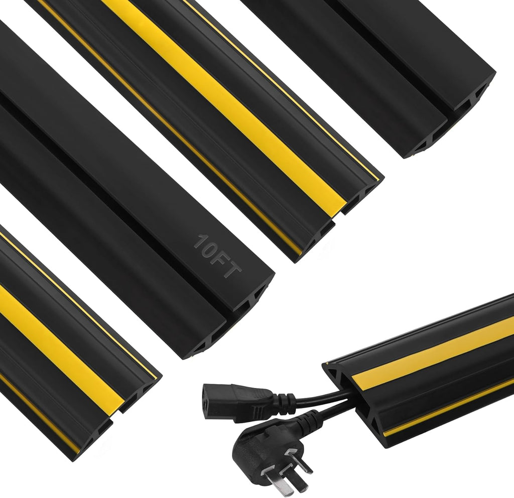 Floor Cord Cover 10Ft 2Pcs Heavy Duty PVC Floor Cable Protector Electric Cord Hider Cable Management Floor Strip Extension Cord Covers Cable Raceway for Wires on Floor Inner Channel 1.36" W x 0.43" H