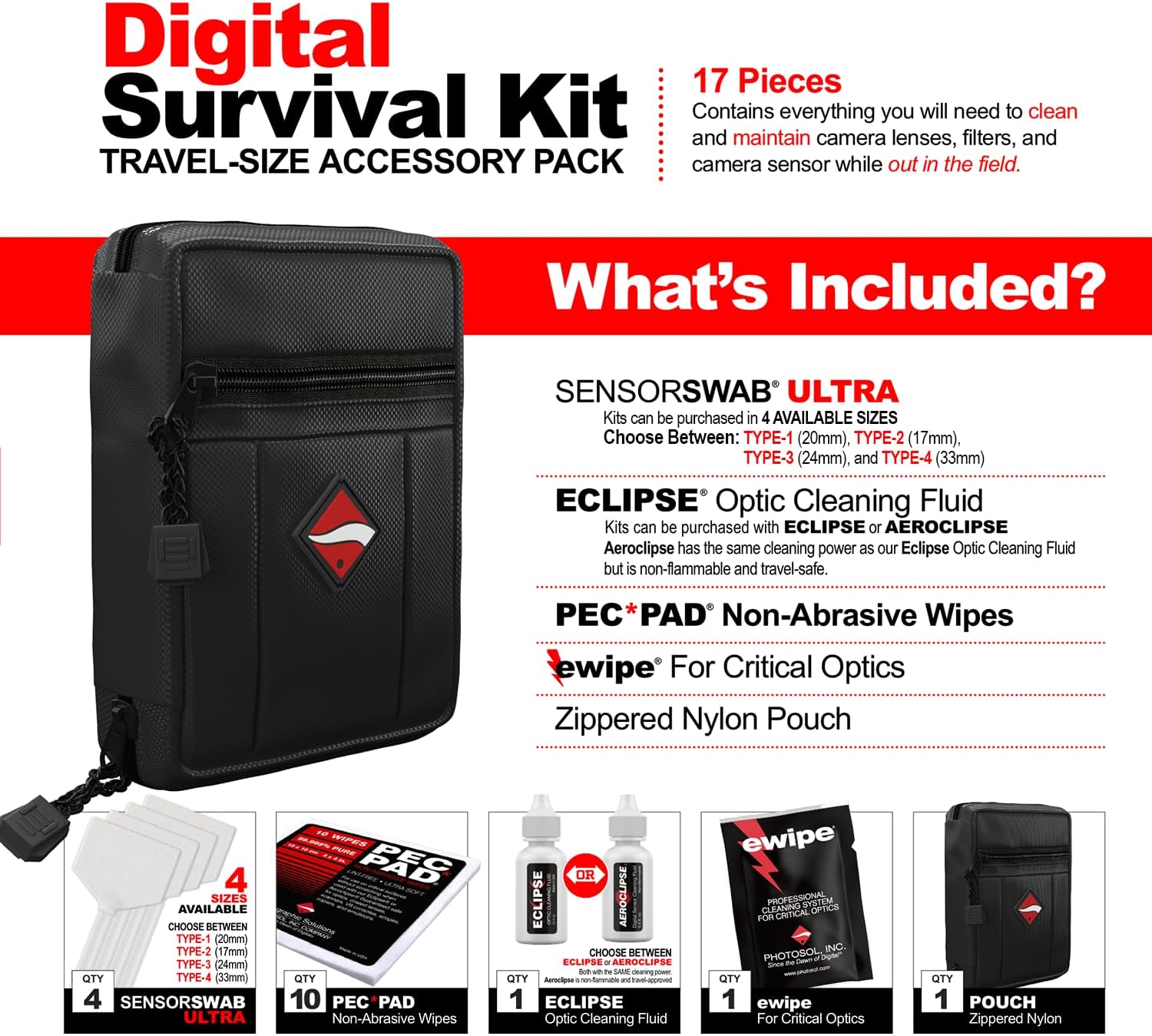 Photographic Solutions Digital Survival Kit - Type-3 (24mm) Sensor Swabs, PEC-PAD Photo Wipes, E-Wipe Packet, Eclipse Optic Cleaning Fluid - Camera Cleaning Kit with Travel Bag