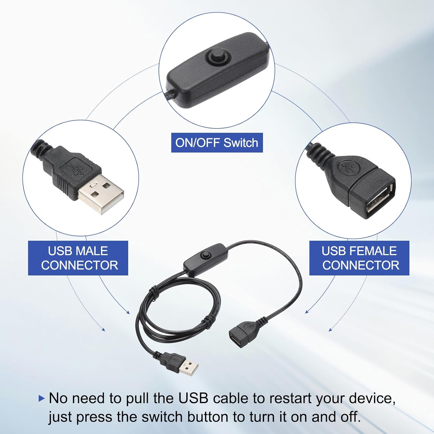 MECCANIXITY USB Extension Cable with ON/Off Button Switch 1m USB Male to Female Extension Cord for Desk Lamp Fan LED Light Strip Black Pack of 1