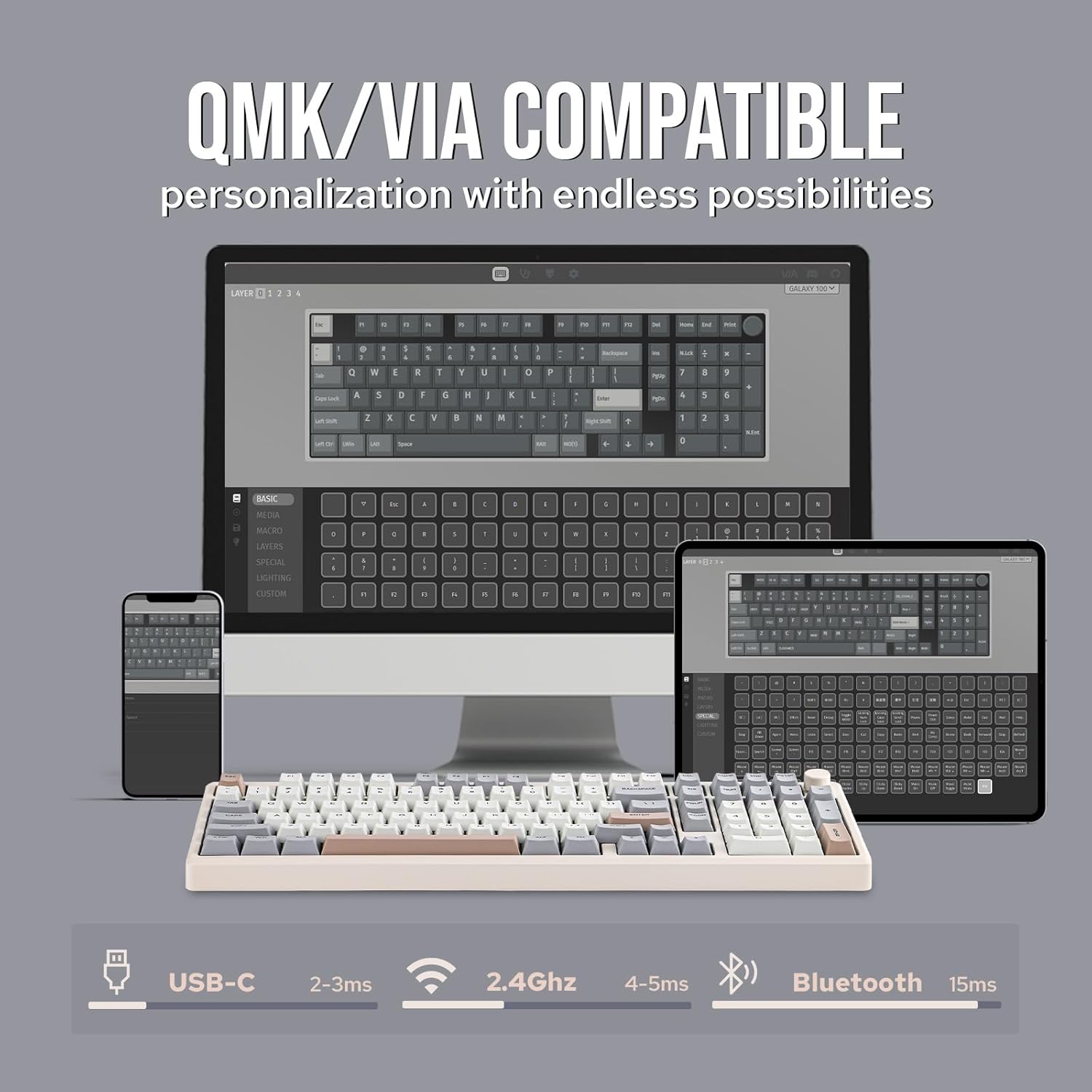 EPOMAKER Galaxy100 QMK/VIA Wireless Gaming Keyboard, Aluminum Shell, Bluetooth/2.4Ghz/USB-C, Pre-Lubed Hot-Swappable Linear Switches, NKRO, RGB Backlit (Creamy White, Marble White Switch)