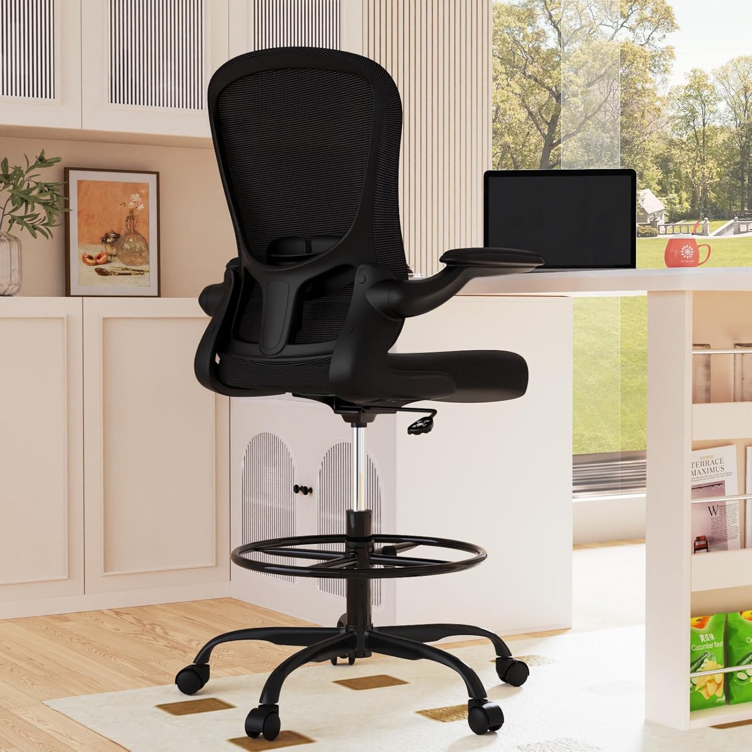 Drafting Chair, Tall Office Chair with Flip-up Armrests Executive Ergonomic Computer Standing Desk Chair, Office Drafting Chair with Lumbar Support and Adjustable Footrest Ring