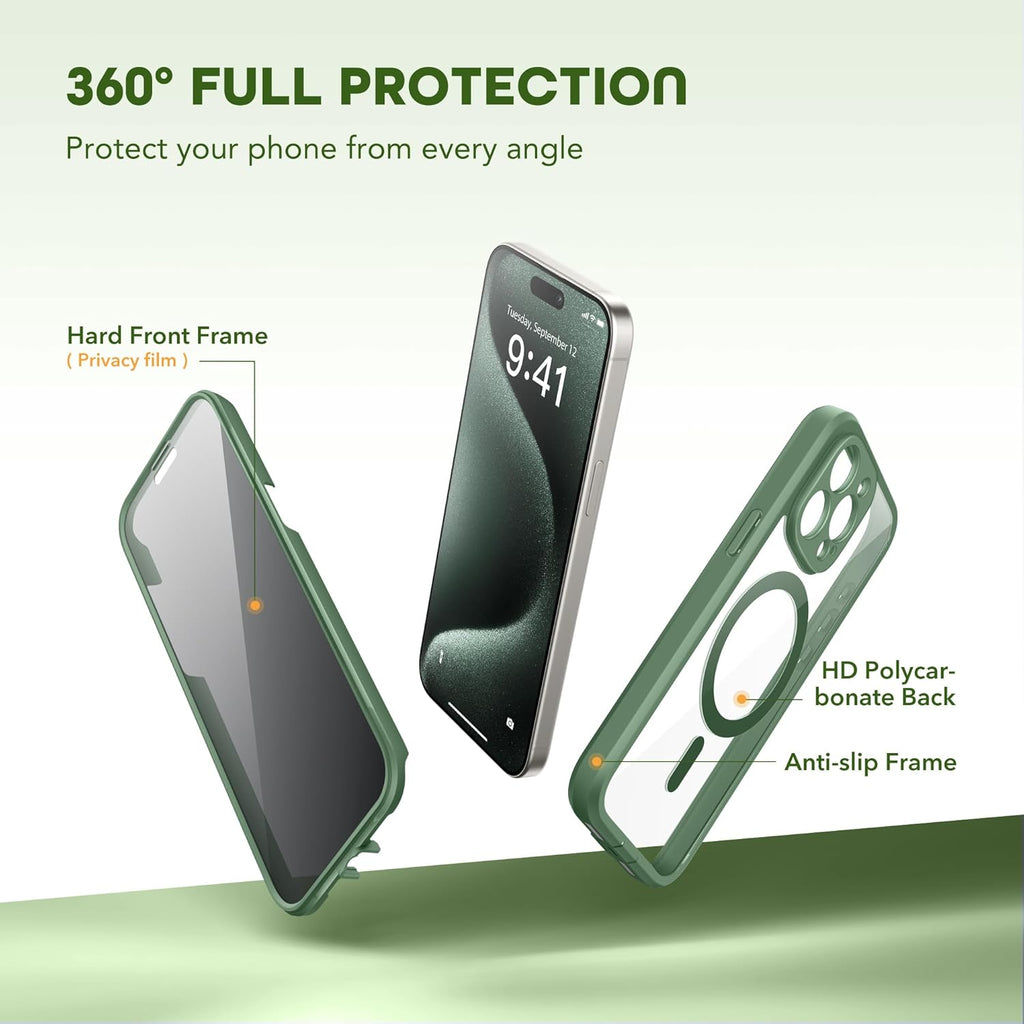 Magnetic for iPhone 15 Pro Max Case, Compatible with MagSafe, Built-in Privacy Screen Protector and Camera Protection, Anti Spy Full Body Dustproof Shockproof Hard Phone Case 6.7", Pine Green