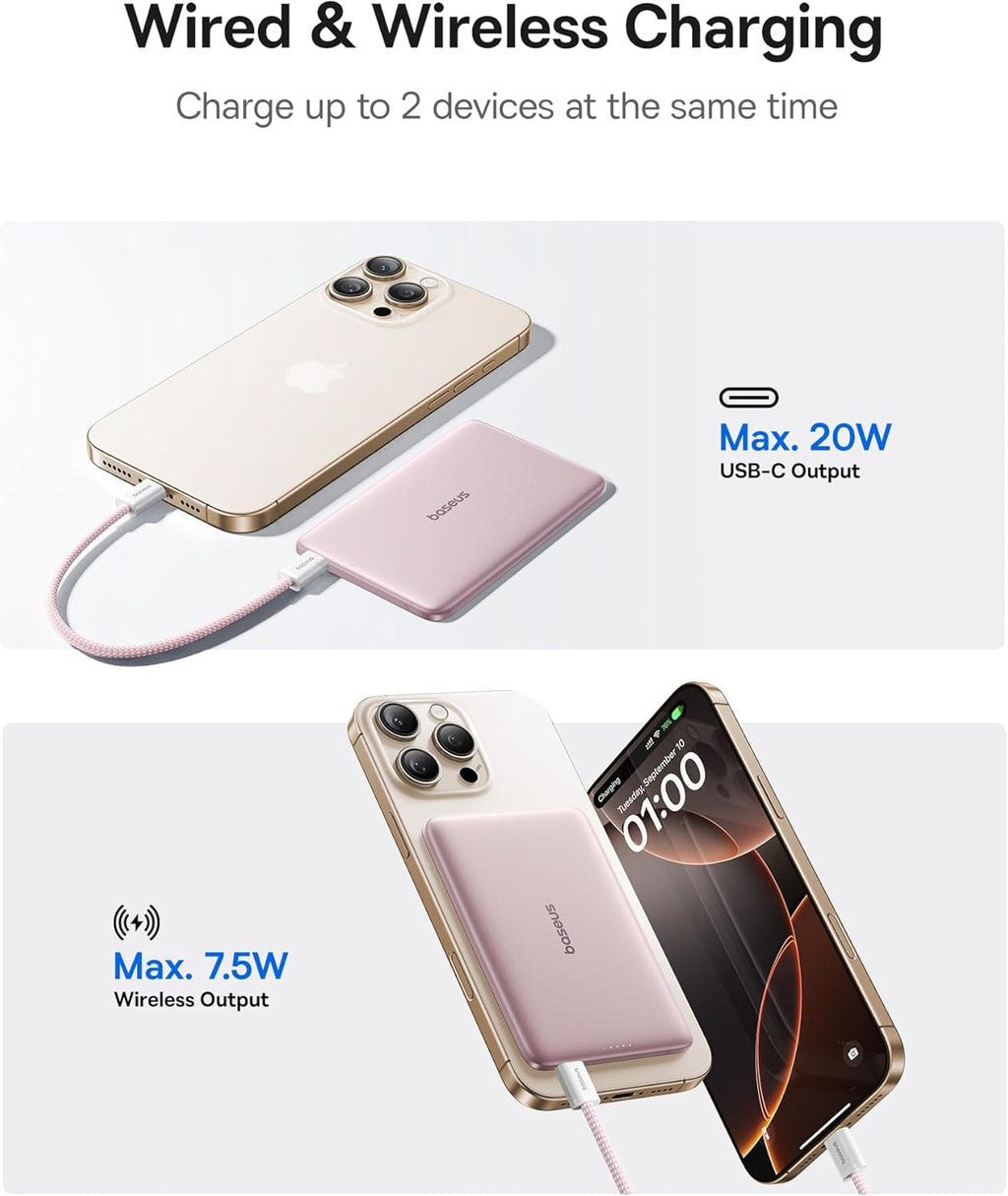 Baseus Picogo Power Bank, 0.3" Ultra Slim 5000mAh MagSafe Portable Charger with USB-C Braided Cable, Card-Size Magnetic Battery Pack, Alloy Wireless Fast Charger for iPhone 16/15/14/13/12, Lightweight