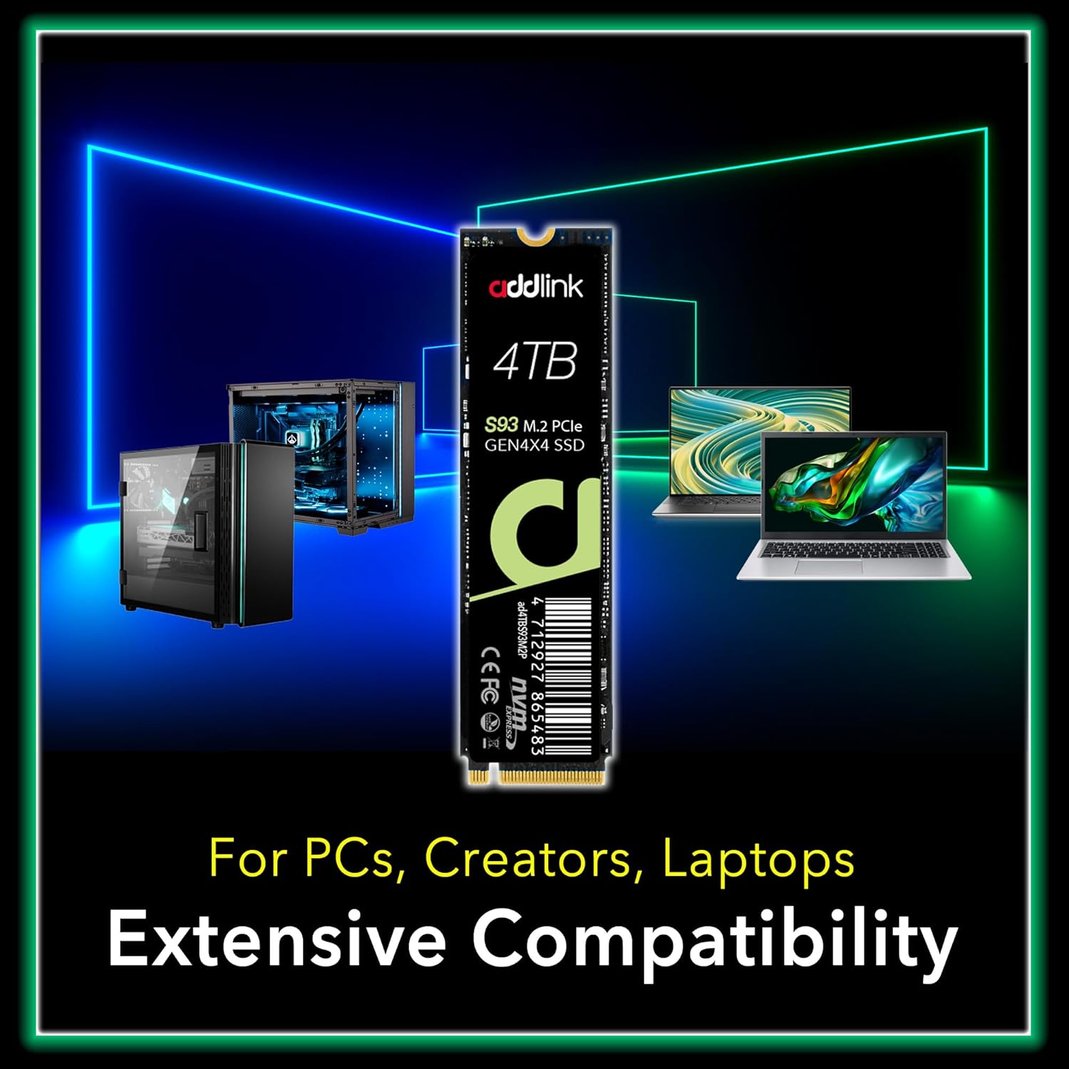 Addlink S93 4TB PCIe 4.0 M.2 Gen 4 Memory Expansion SSD, Up to 7400 MB/s, Internal Solid State Drive with HMB Technology for Laptop, Gaming and Creators