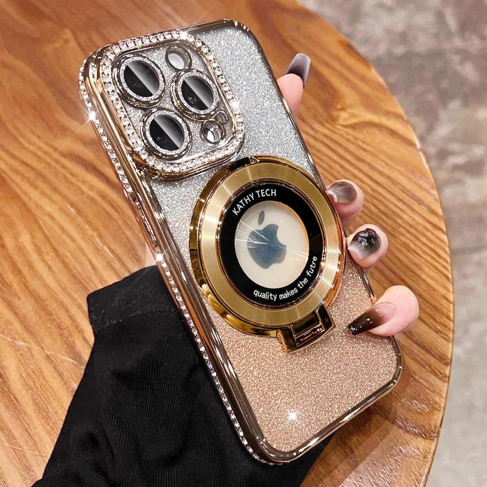 Magnetic Kickstand (Glitter Lens Protector ) Case for iPhone 15 14 13 12 Pro Max (Compatible with Magsafe ) Sparkling Diamond Cover Glitter Shiny Rhinestone Cases (Gold,for iPhone 14 Pro)