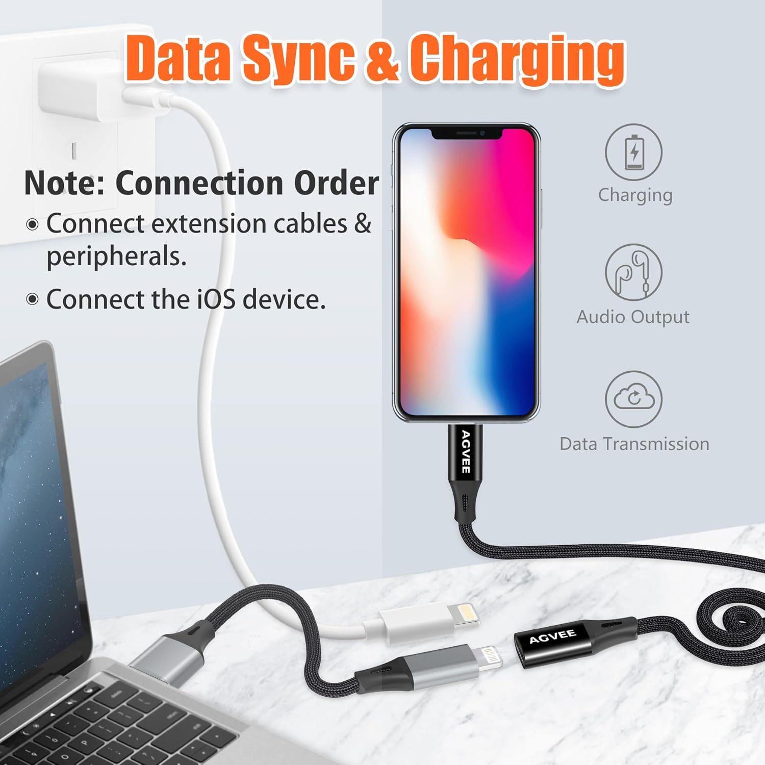 AGVEE 4 inch Lightning Extension Cable, Braided Female to Male Extender Full Function Cord Compatible with iPhone iPad, Data Sync Video Audio & Charging Connector Adapter, Black