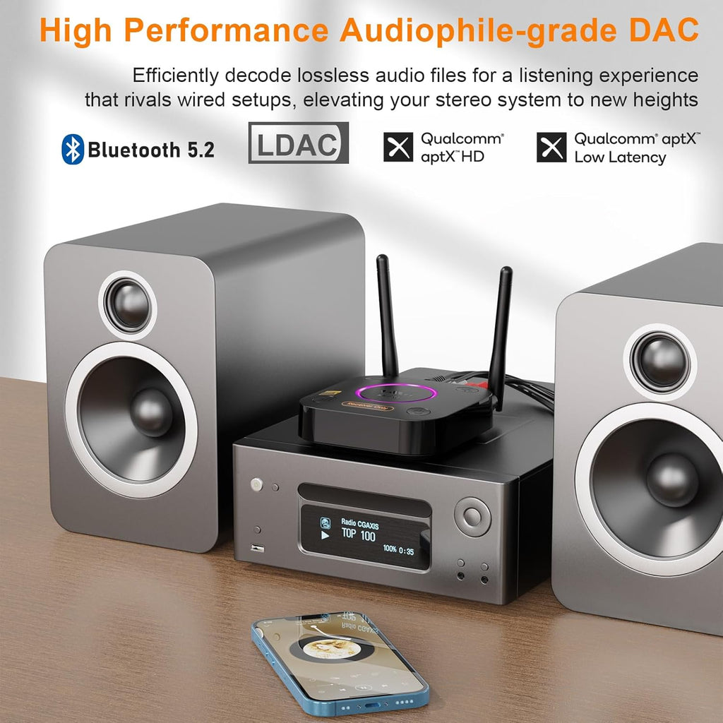 1Mii B06Ultra Bluetooth 5.2 Receiver with LDAC for Hi-Res Wireless Audio, HiFi Bluetooth Audio Adapter w/Audiophile DAC, 3D Surround aptX HD Low Latency, Optical AUX 3.5mm Coaxial for Home Stereo