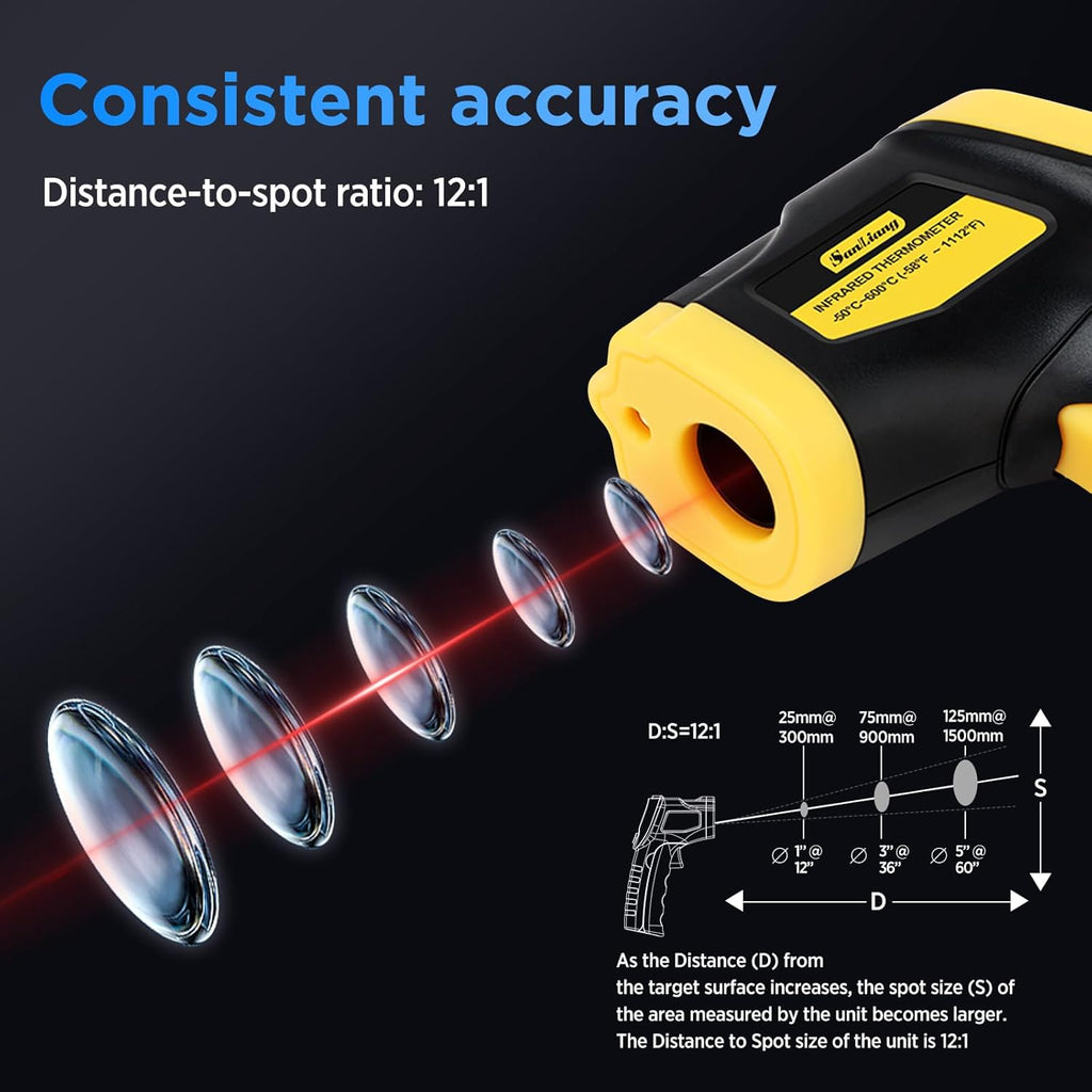 Infrared Thermometer Laser Temperature Gun -58℉ to 1112℉ with Adjustable Emissivity & Max and Min Measure Laser Digital IR Thermometer Gun Temp IR Surface Tool Heat Temp Gun for Cooking.