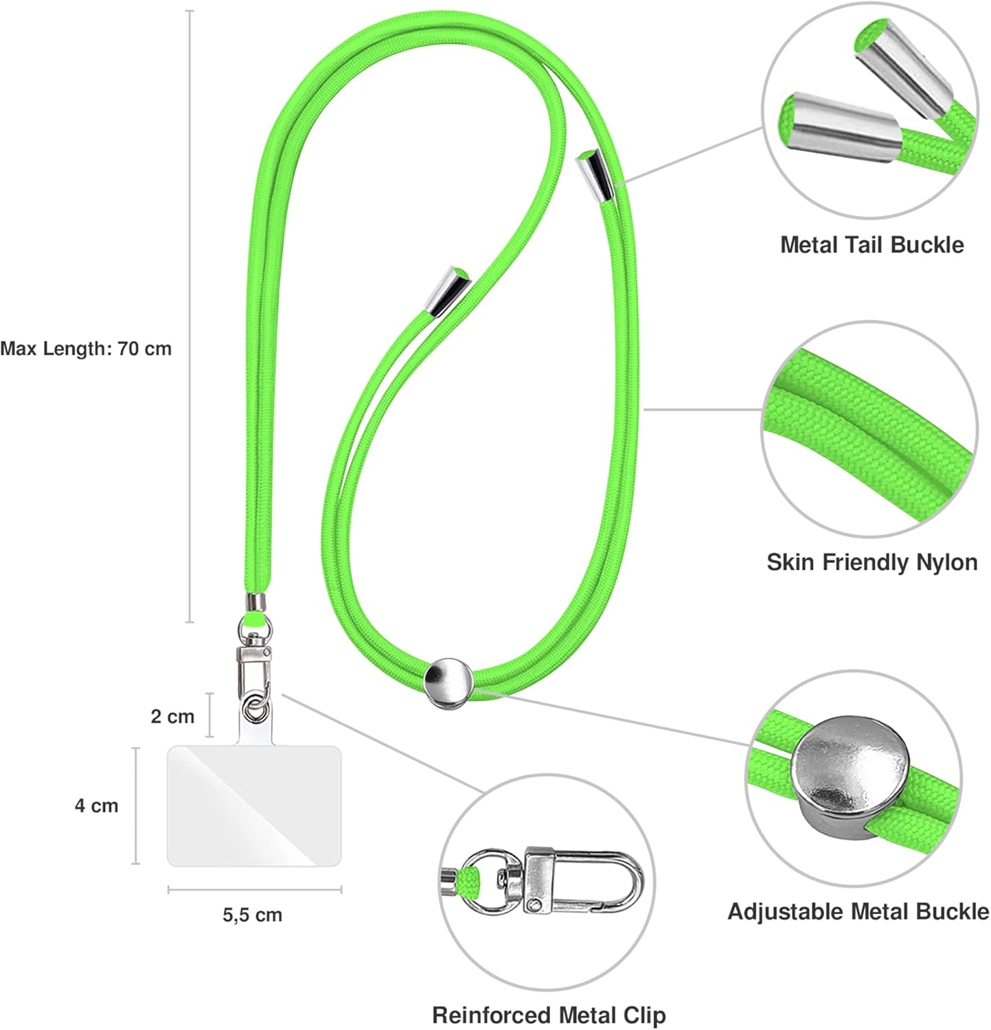 Cell Phone Lanyard [Fluor Green] - Comfortable Universal Smartphone Lanyard - Easy to Use Neck Phone Holder [Clear Patch] - Adjustable Length Phone Strap Crossbody - Fits All Mobile Phones