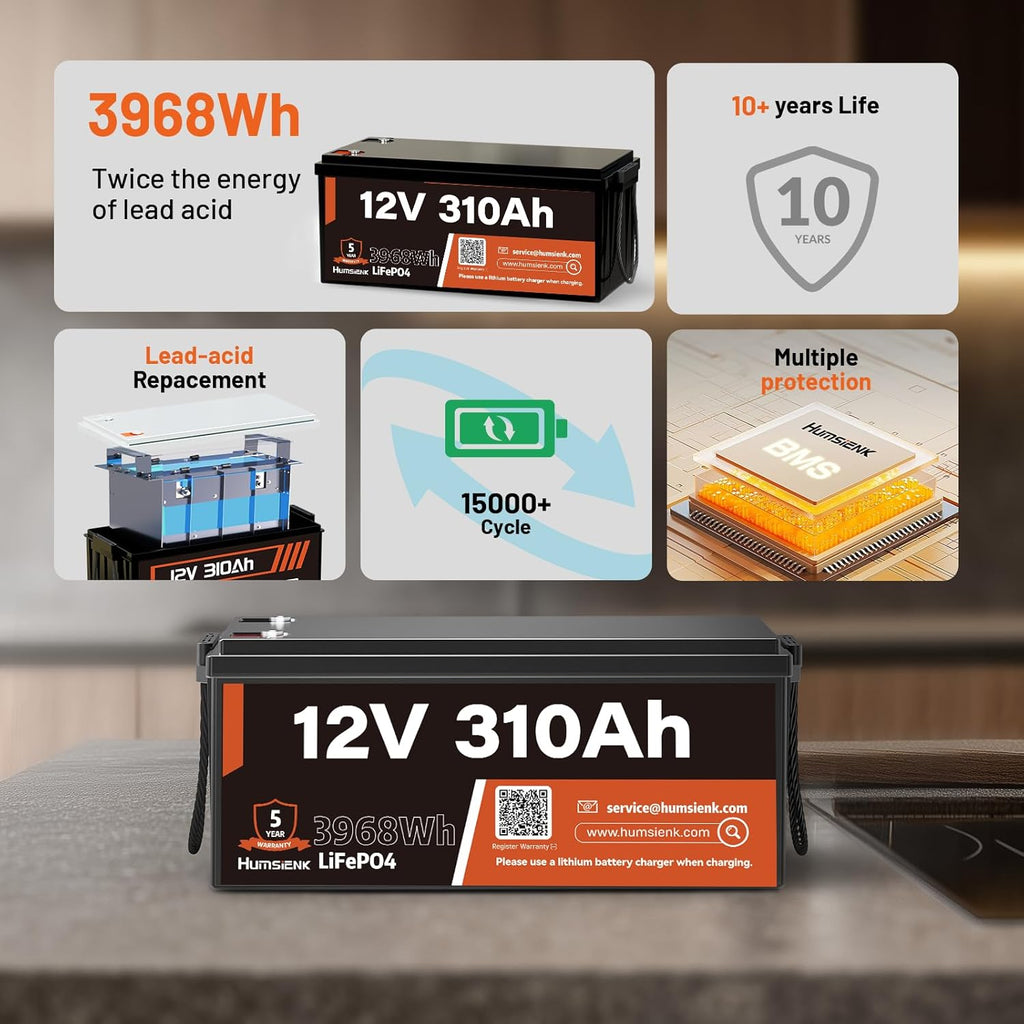 12V 310Ah LiFePO4 Lithium Battery – Max. 3968Wh, 15000+ Deep Cycle Battery with 100A BMS, Low-Temp Cutoff | A+ Grade Cells for Marine, Trolling Motor, Off-Grid Home Energy Storage, Van Life