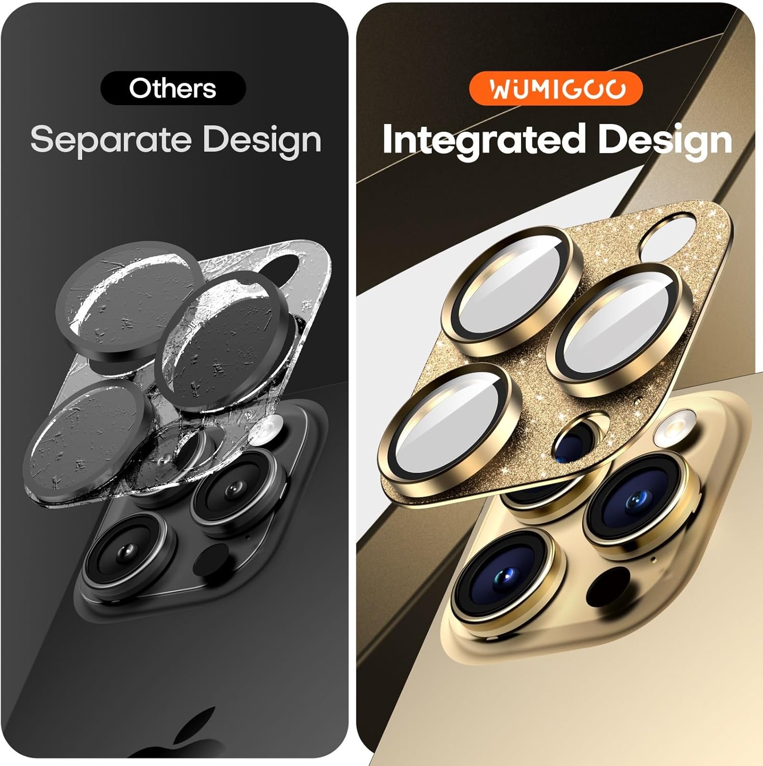 Camera Lens Protector for iPhone 16 Pro Max/16 Pro/15 Pro Max/15 Pro/14 Pro Max/14 Pro, Aluminum Alloy Sapphire Glass Camera Screen Cover, Case Friendly- Glitter Gold