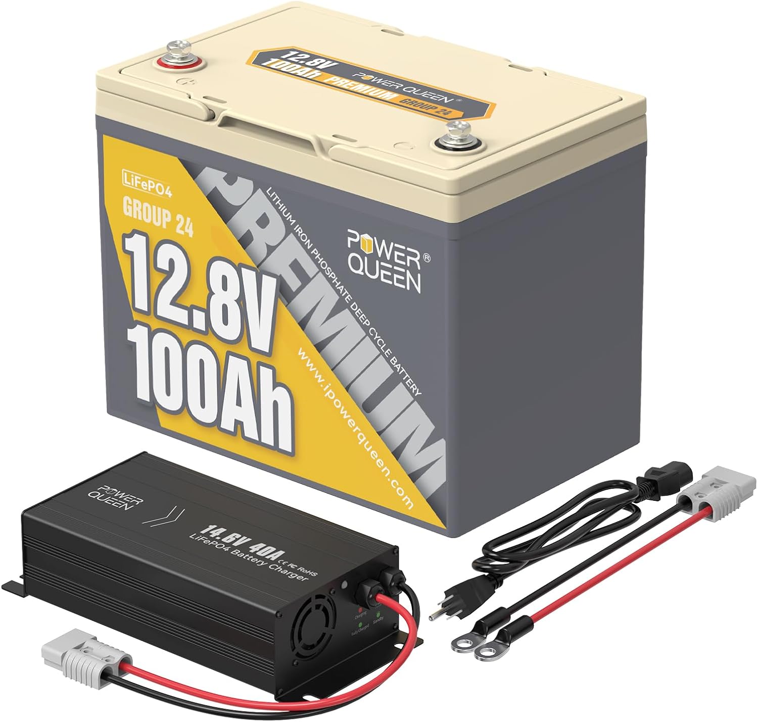 Power Queen 12V 100Ah Group 24 LiFePO4 Lithium Battery with 12V 40A LiFePO4 Battery Charger, Deep Cycle Battery 100A BMS, Max 1280Wh Energy, Up to 15000 Cycles for RV, Solar, Trolling Motor & Camping
