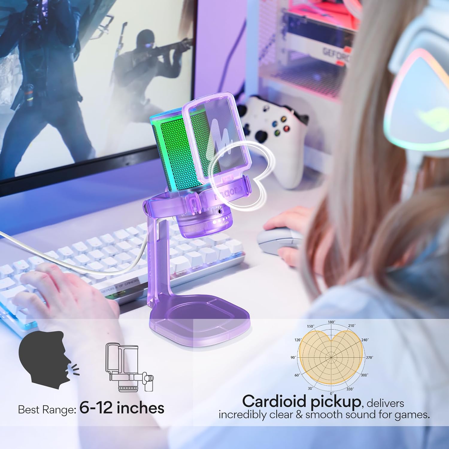 MAONO Gaming Microphone with Noise Cancellation, PC USB Condenser Mic for Computer, Mac, Laptop, PS5, Streaming, Podcast, Twitch, YouTube, Discord, GamerWave DGM20 Purple