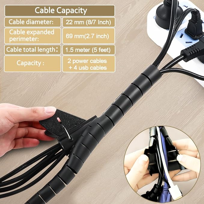 Black Computer Cable Management Sleeve Tube Under Desk Cord Organizer, 7/8 inch - Image 2