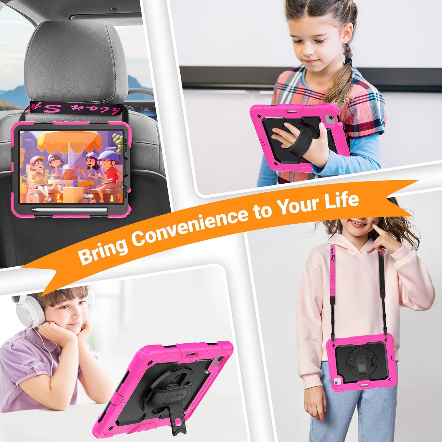 SEYMAC for iPad Air 5th/ 4th Generation Case 10.9 Inch, Full-Body Shockproof Protective Case with Screen Protector, Rotating Stand/Handle/Shoulder Strap for iPad Air 5/ Air 4, Black/Pink