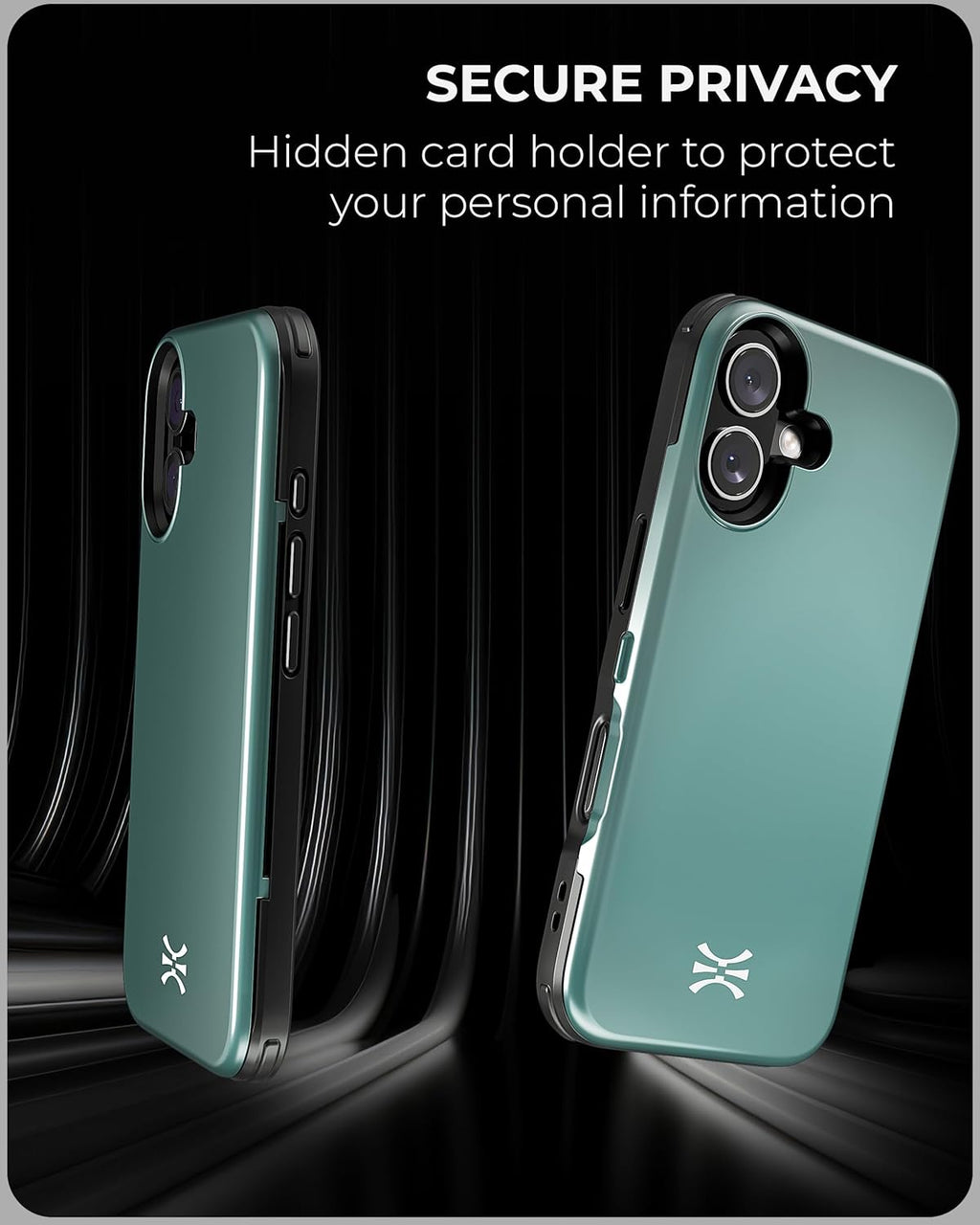 TORU CX Slim for iPhone 16 Case Wallet | Protective Shockproof Heavy Duty Cover with Hidden Card Holder & Card Slot | Mirror & Wrist Strap Included - Green