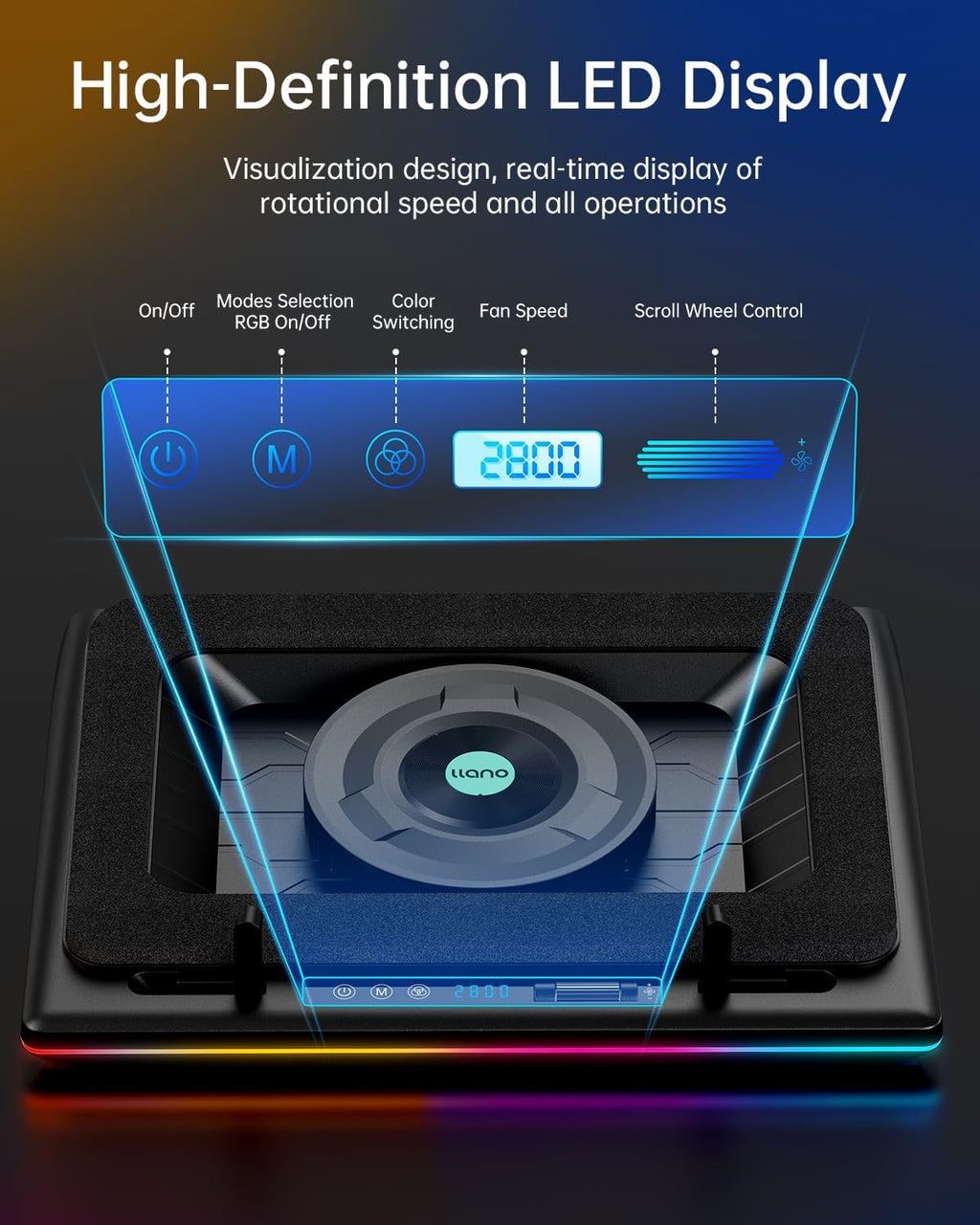 llano V12 RGB Laptop Cooling Pad, Gaming Laptop Cooler with 5.5 Inch Powerful Turbofan, Fast Cooling Laptop 15.6-21in, Adjustable Speed, Touch Control, LCD Screen, Black