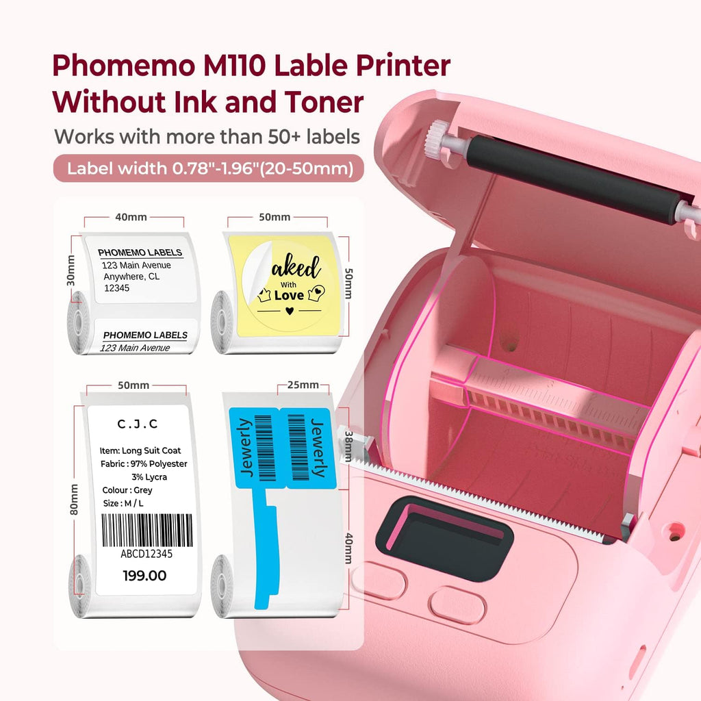 Phomemo Thermal Label Maker - M110 Barcode Label Printer Portable Bluetooth Labeler Maker Machine for for Small Business, Address, Logo, Clothing, Mailing, with 40x30mm Label, Pink