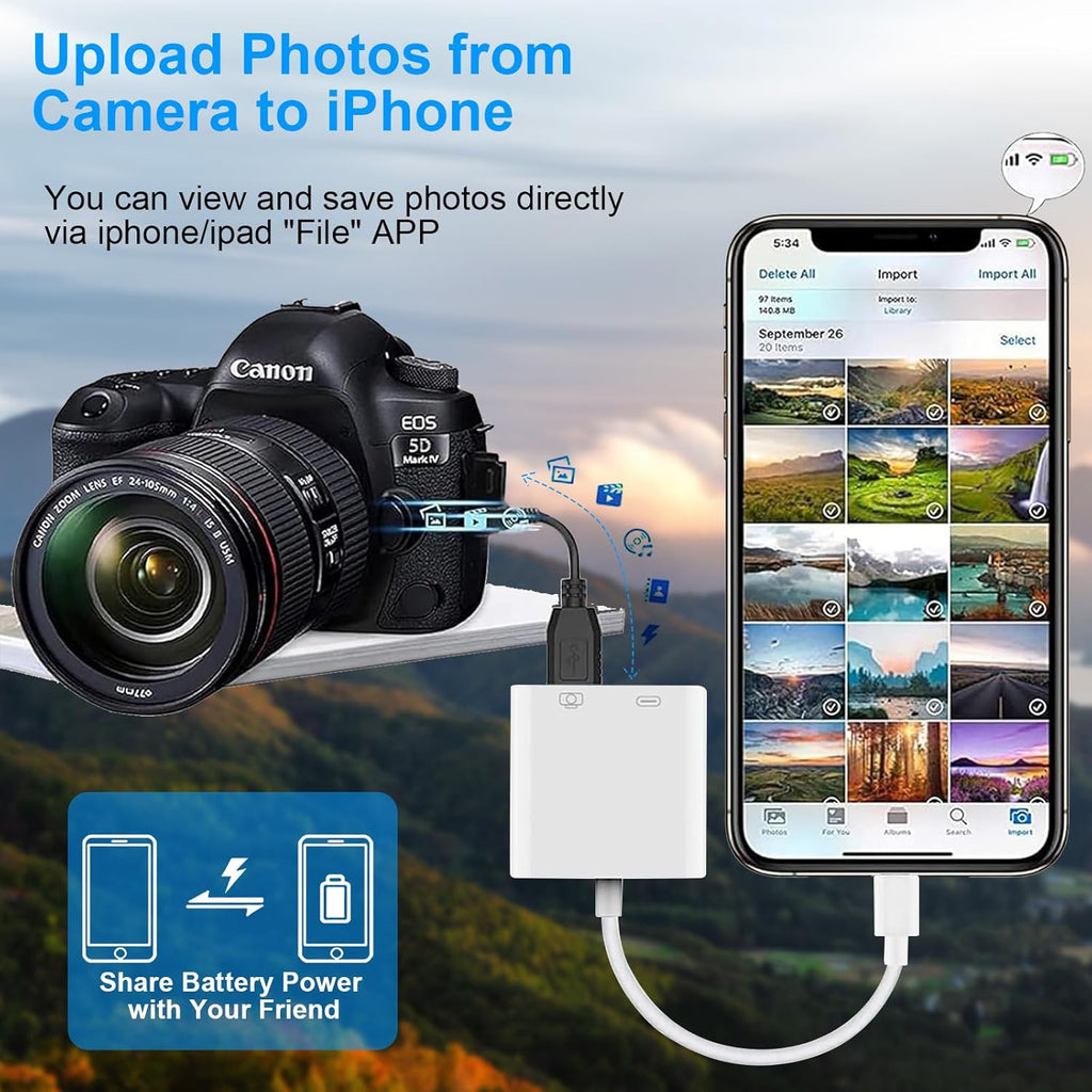 Lightning to USB Camera Adapter for iPhone, [Apple MFi Certified] USB3.0 Female Adapter for iPad with Charging Port, Plug and Play OTG Converter Support Card Reader USB Flash Drives Keyboard