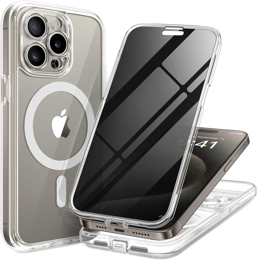 Magnetic for iPhone 15 Pro Case, Compatible with MagSafe, Built-in Privacy Screen Protector and Camera Protection, Anti Spy Full Body Dustproof Shockproof Hard Phone Case 6.1", Clear