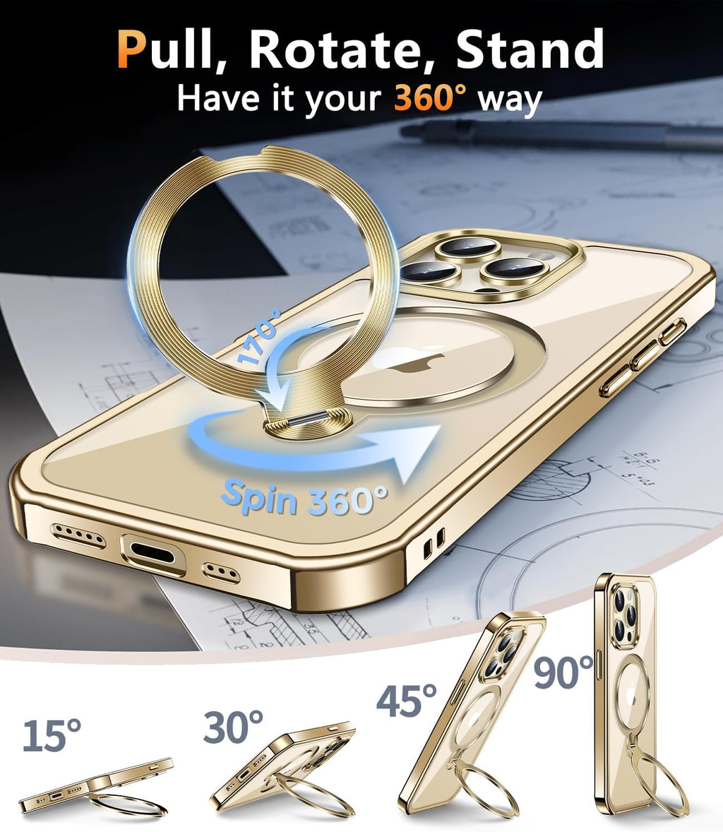 [360° Rotatable CD Stand & Built-in Privacy Screen Magnetic Case for iPhone 13 Pro Max[Compatible with MagSafe&Full Signal] Mil-Grade Shockproof Full Body Anti-Spy Cover for 13 Pro Max-Gold