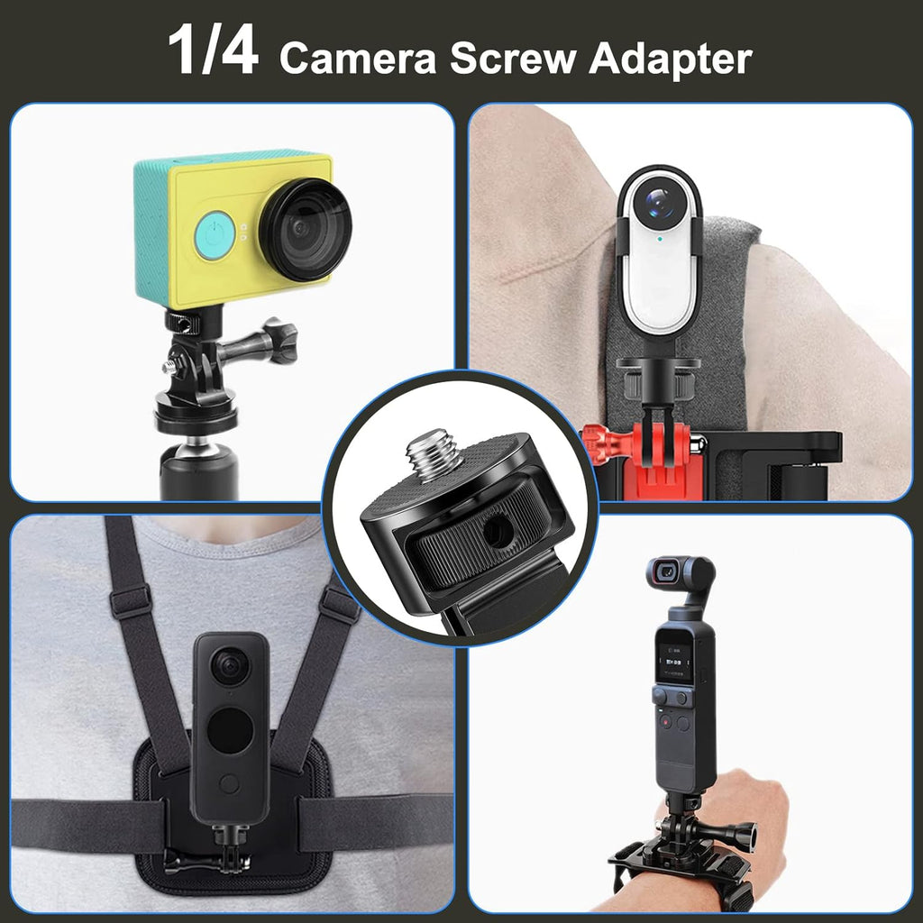 2 Pieces Camera Tripod Mount for Gopro Adapter 360°Adjustable Aluminum Alloy Conversion Adapter for GoPro Hero, Insta360, Sjcam Action Cameras and Other Standard 1/4 Accessories (GC-1)