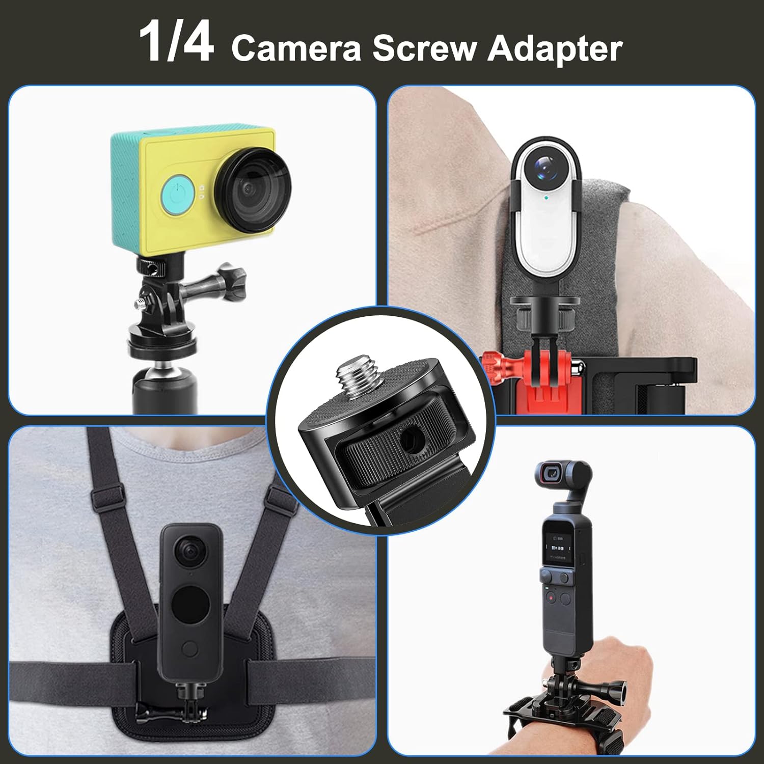 2 Pieces Camera Tripod Mount for Gopro Adapter 360°Adjustable Aluminum Alloy Conversion Adapter for GoPro Hero, Insta360, Sjcam Action Cameras and Other Standard 1/4 Accessories (GC-1)