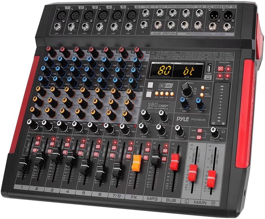 Pyle Professional DJ Audio Mixer Controller - 8Channel DJ Controller Sound Mixer w/ DSP 380 Preset Effects, Recording, USB, 6 XLR Mic/Line Input, AUX, FX Processor MP3 Player, Headphone Jack - PMX648