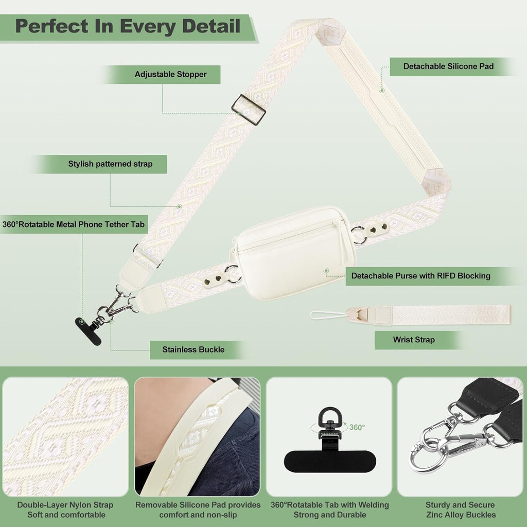 Clip and Go Strap for Phone with Wallet Crossbody, Adjustable Phone Lanyard with Detachable RFID Wristlet Wallet, Pattern Strap, Cream (M)