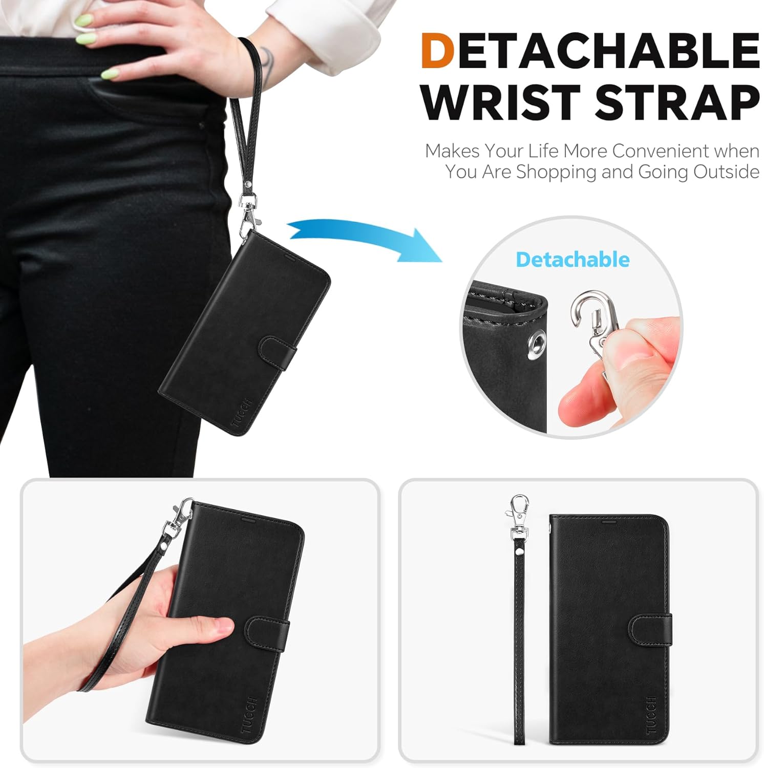 TUCCH Wallet Case for Galaxy S25 Edge, Removable 2 in 1 RFID Blocking [4 Card Slot] Wrist Strap [Wireless Charging] Kickstand PU Leather Magnetic Detachable Protective Cover for Galaxy S25 Edge, Black