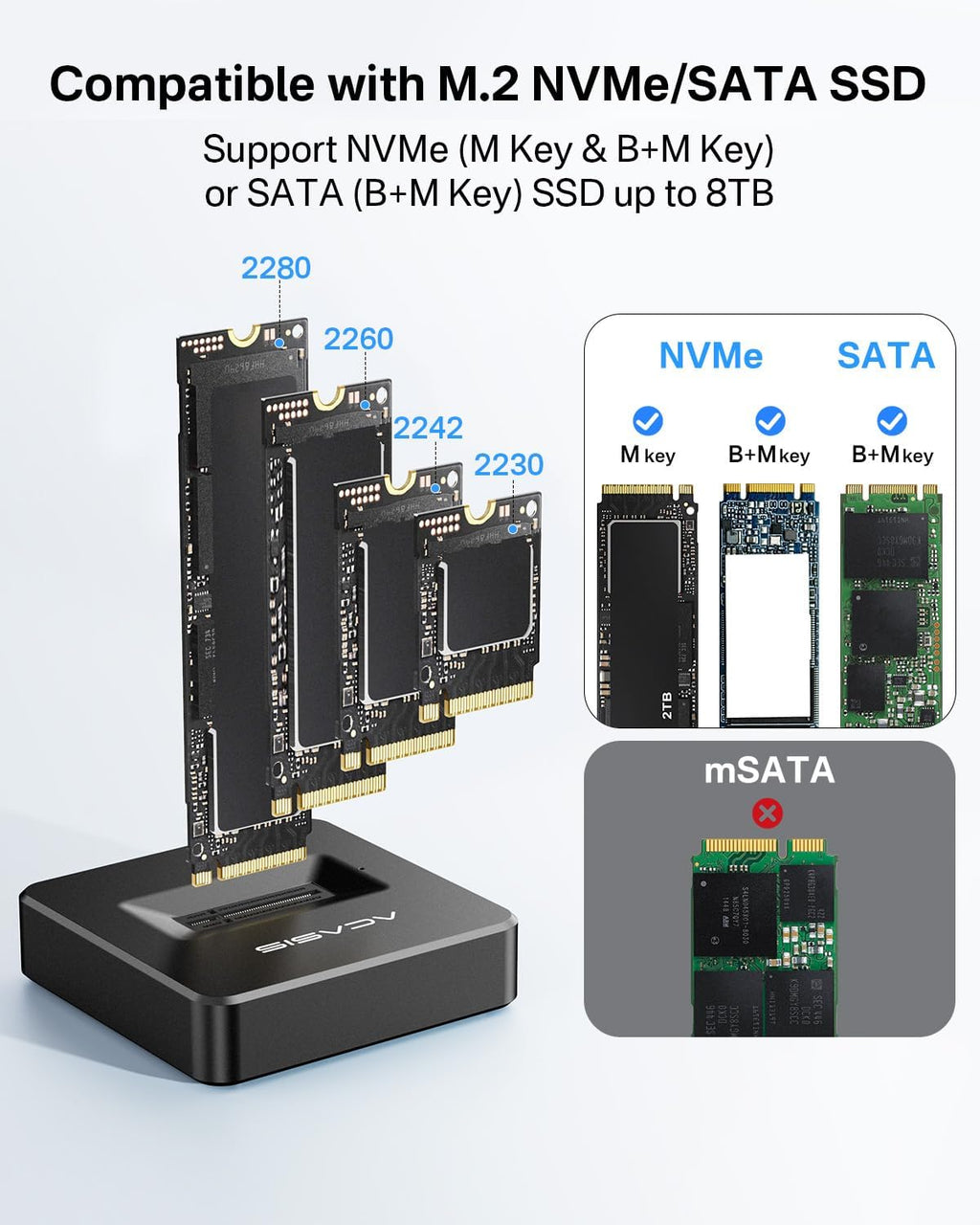 ACASIS NVME SSD Reader Adapter, Aluminium Alloy Housing Fast Heat Dissipation, NVME to USB Docking Station, M.2 SSD to USB Adapter 10Gbps, Support M.2 (M Key) NVMe SSD and (B+M Key) SATA-Based SSD